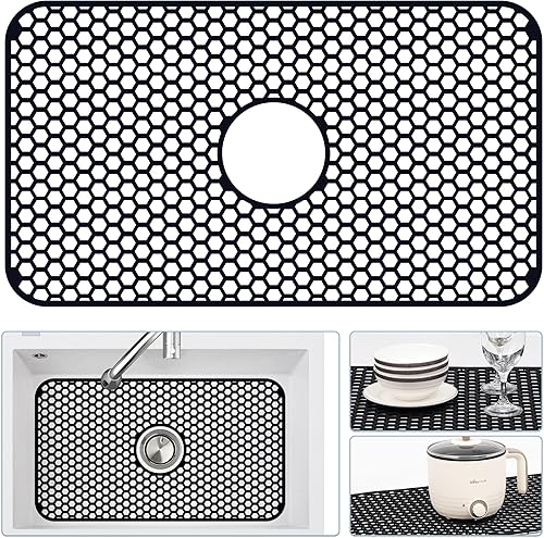 Miniatura 170 de Paquete de 2 tapetes de silicona para fregadero de 13.58 x 11.6 pulgadas, protectores para fregadero de cocina con drenaje central, rejilla Gris