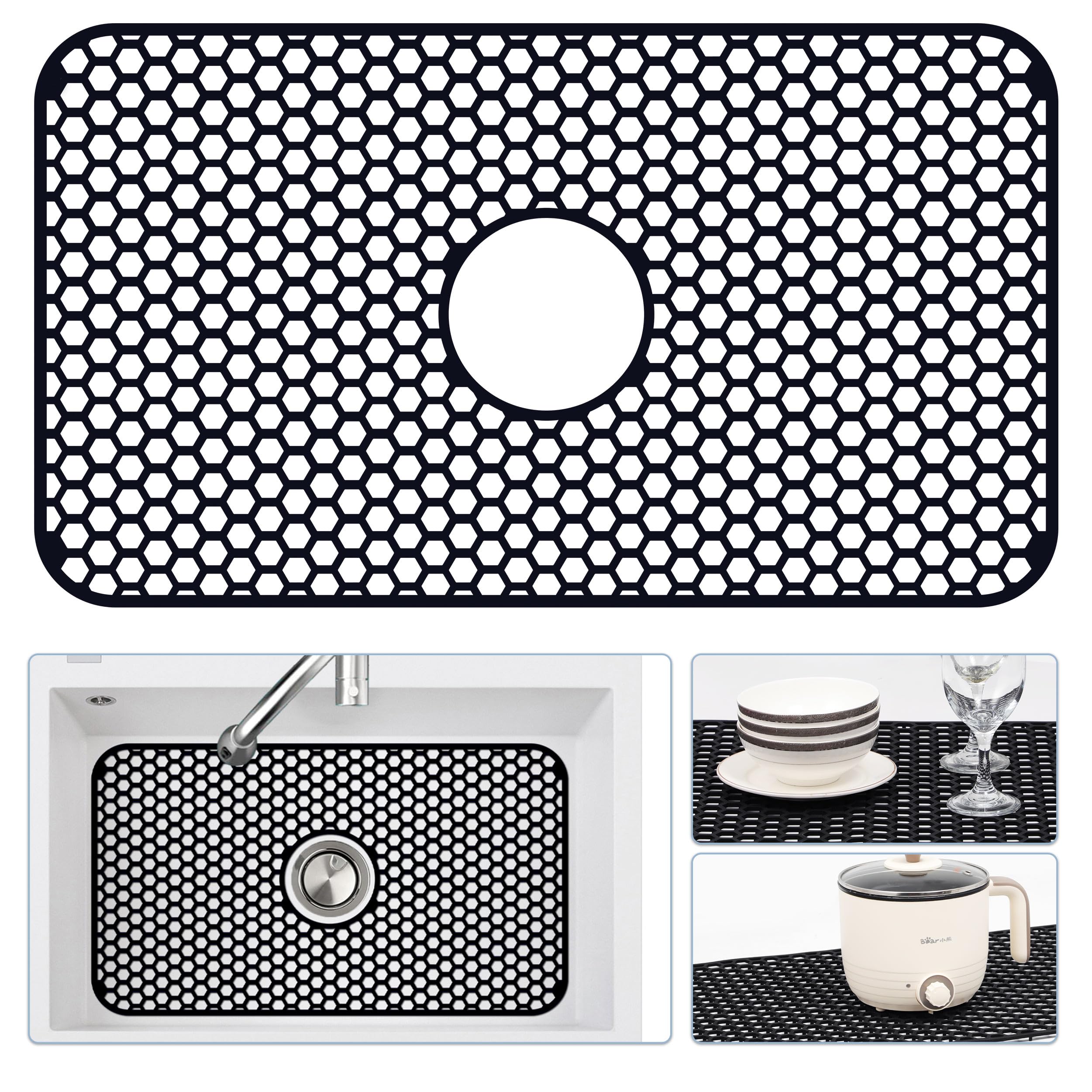 View 1 of *used/dirty* Bestjing Silicone Sink Protectors for Kitchen Sink with Center Drain, 26"x 14" Kitchen Grid Accessory, Non-Slip Heat-Resistant Mat for Bottom of Farmhouse Porcelain Stainless Steel (Center Hole,Black)