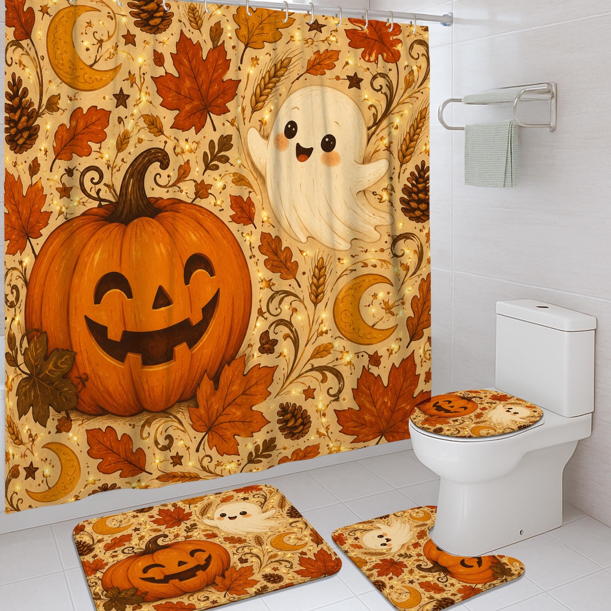 Rideau de douche citrouilles et tapis d'automne pour salle de bain Halloween