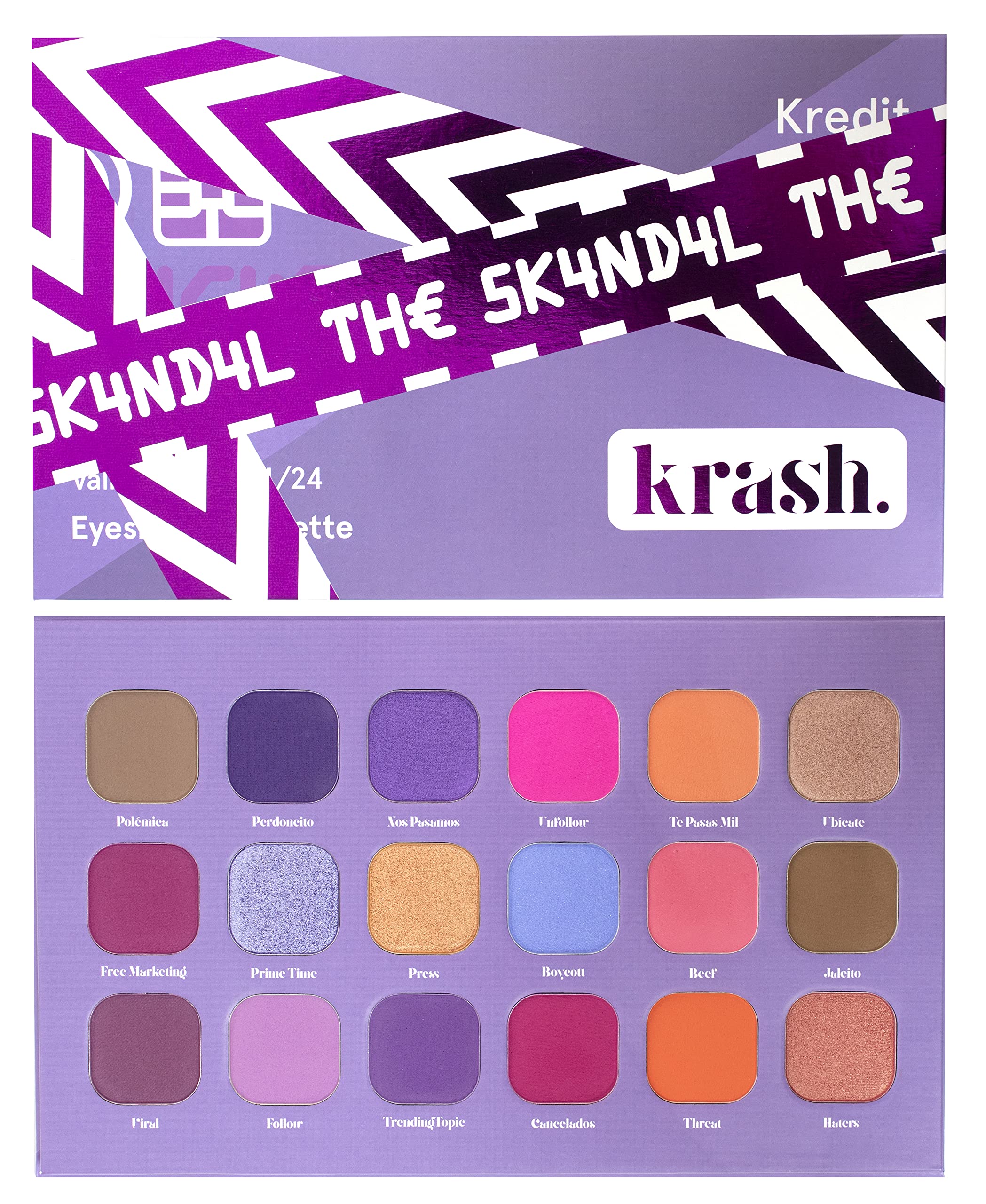 KRASH KOSMETICS Paleta de Sombras de Ojos - The Skandal Eyeshadow Palette - 18 Tonos Morado Rosa Marrón Naranja Nude Mate Brillo - Maquillaje Profesional - Incluye Espejo - Vegana y Cruelty Free