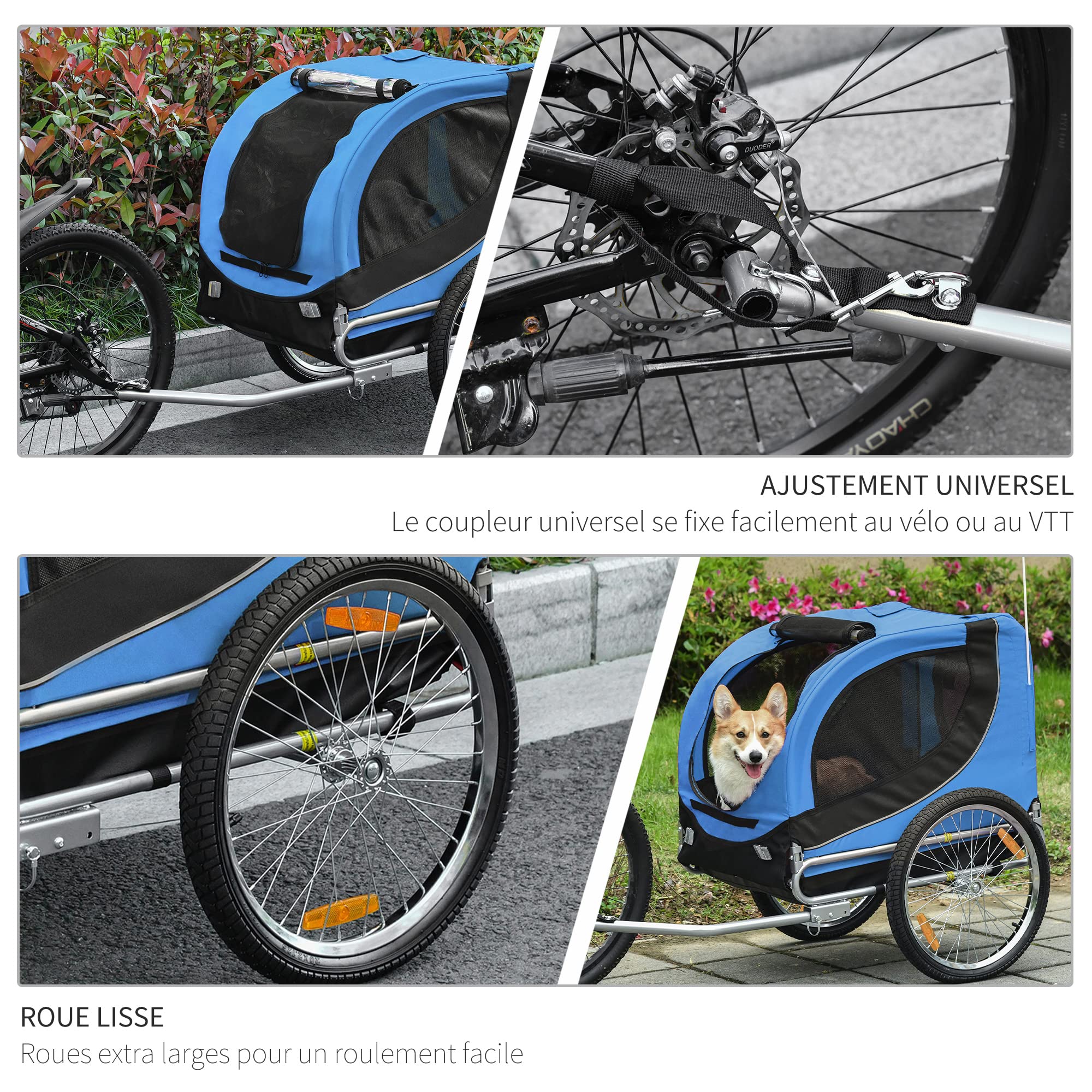 PawHut Remorque Velo pour Chien Animaux avec 8 reflecteurs Drapeau Bleu Noir