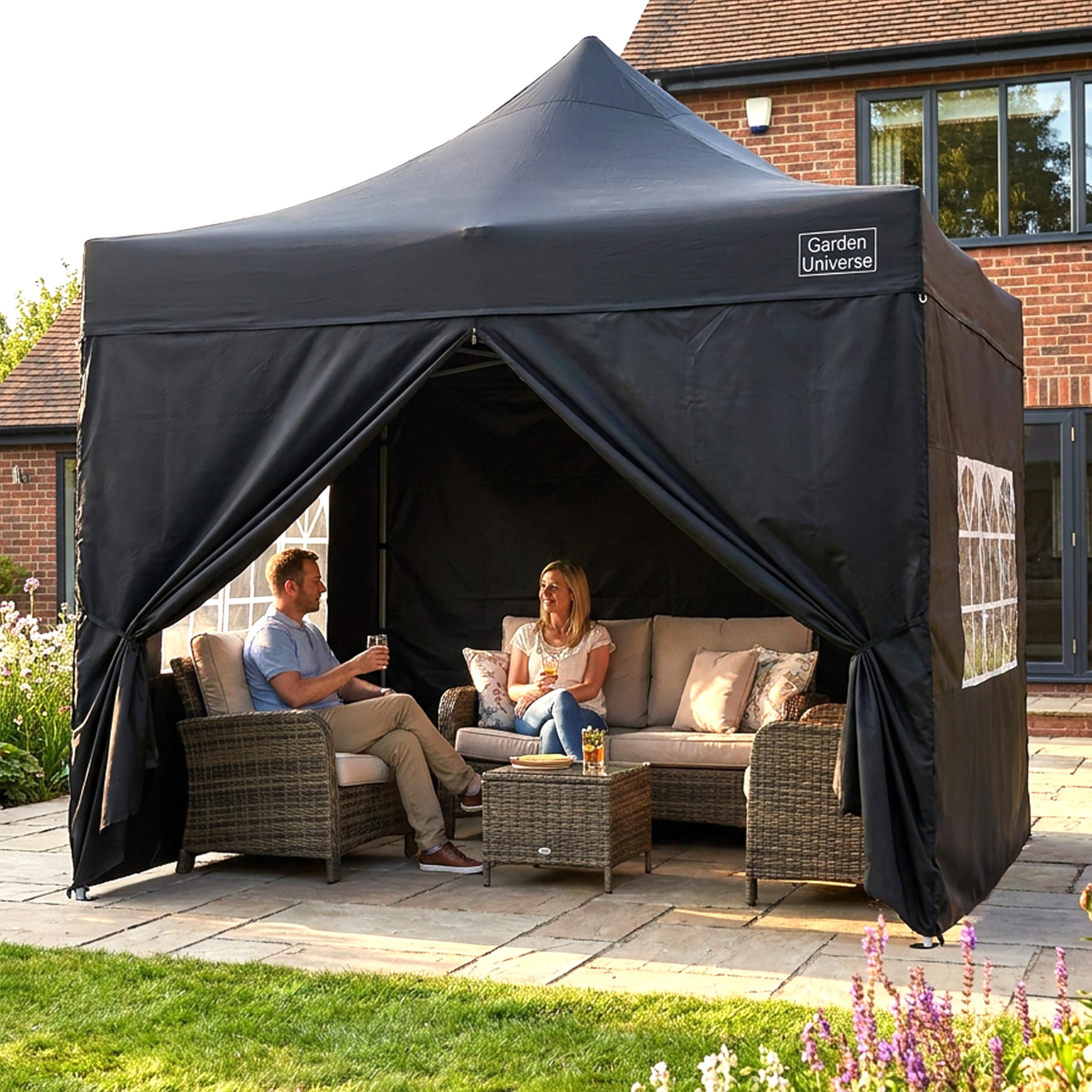 Garden Universe 3m x 3m Pop-Up Gazebo with Sides Weight 34kg Heavy Duty Black Waterproof Commercial Grade Market Stall Leg Weights Wheeled Carry Bag Marquee Canopy Party Tent GAZ10-Black