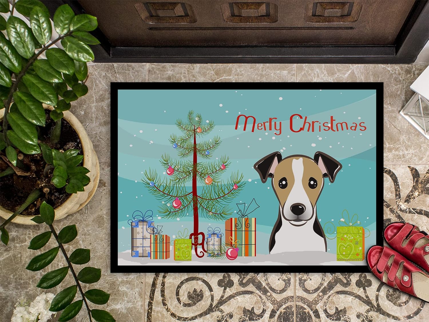 Caroline's Treasures BB1633MAT Christmas Tree and Jack Russell Terrier Doormat 18x27 Front Door Mat Indoor Outdoor Rugs for Entryway, Non Slip Washable Low Pile, 18H X 27W