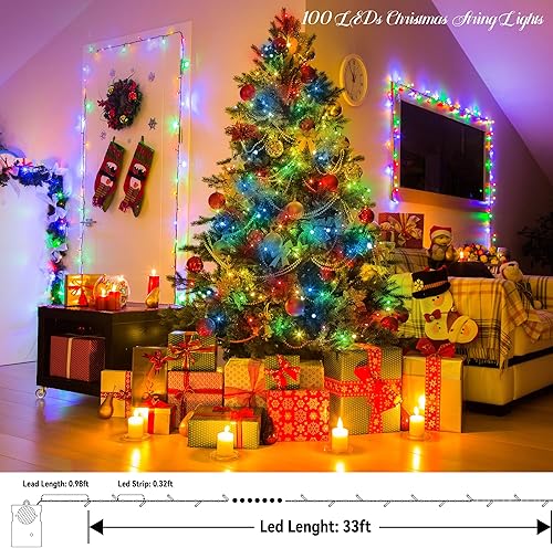 Miniatura 6 de Joomer Luces de Navidad con sensor de movimiento, funciona con pilas, 100 luces LED de 33 pies con 8 modos de iluminación, 4 música alegre para