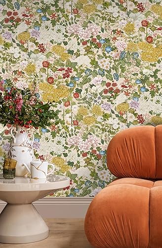 Miniatura 3 de Papel tapiz floral para despegar y pegar, papel de pared bohemio, extraíble, impermeable, verde/amarillo/rojo, papel de contacto para dormitorio,