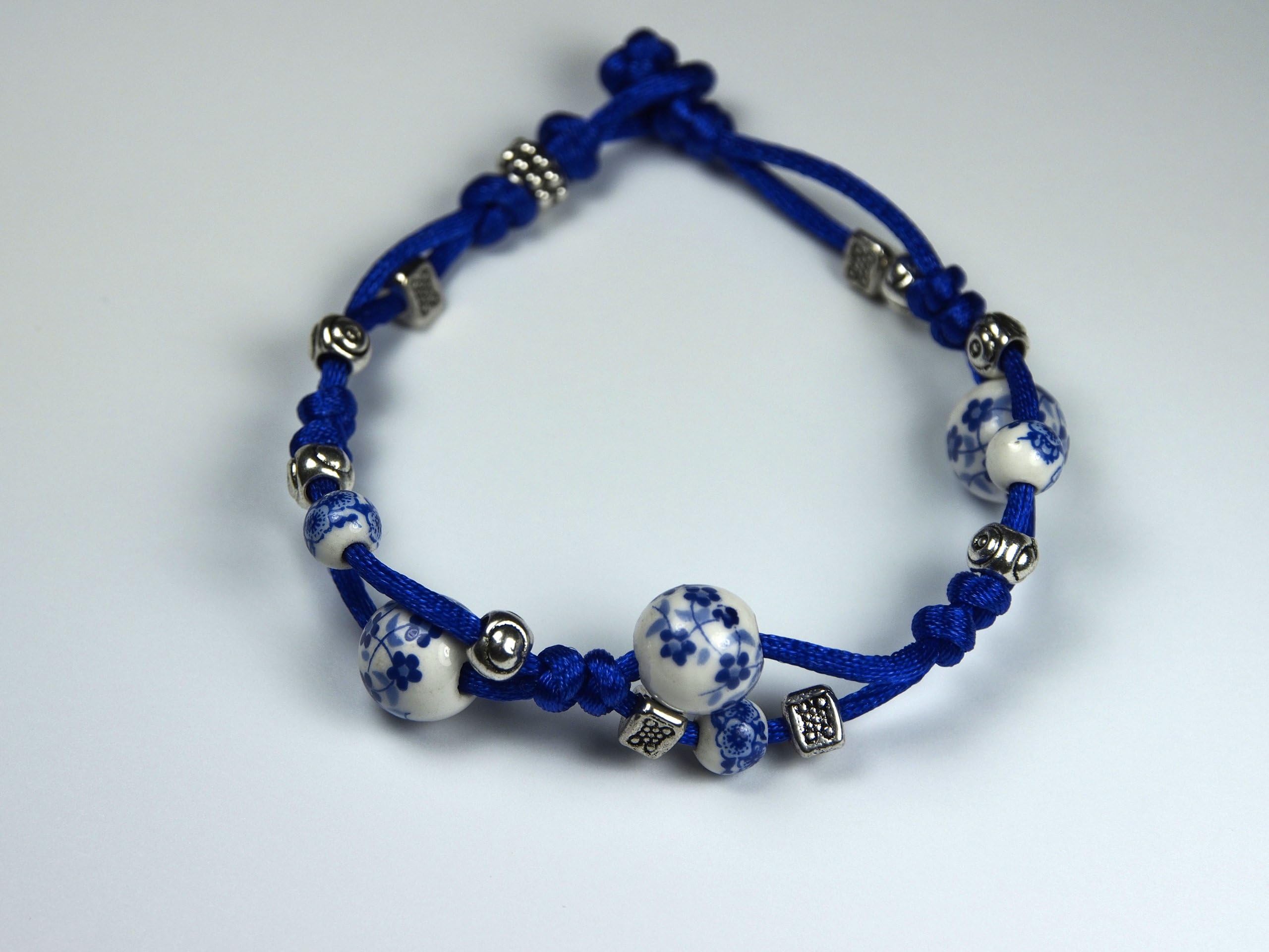 Handmade Blue String Bracelet with Silver Beads - Bring Prosperity & Luck
