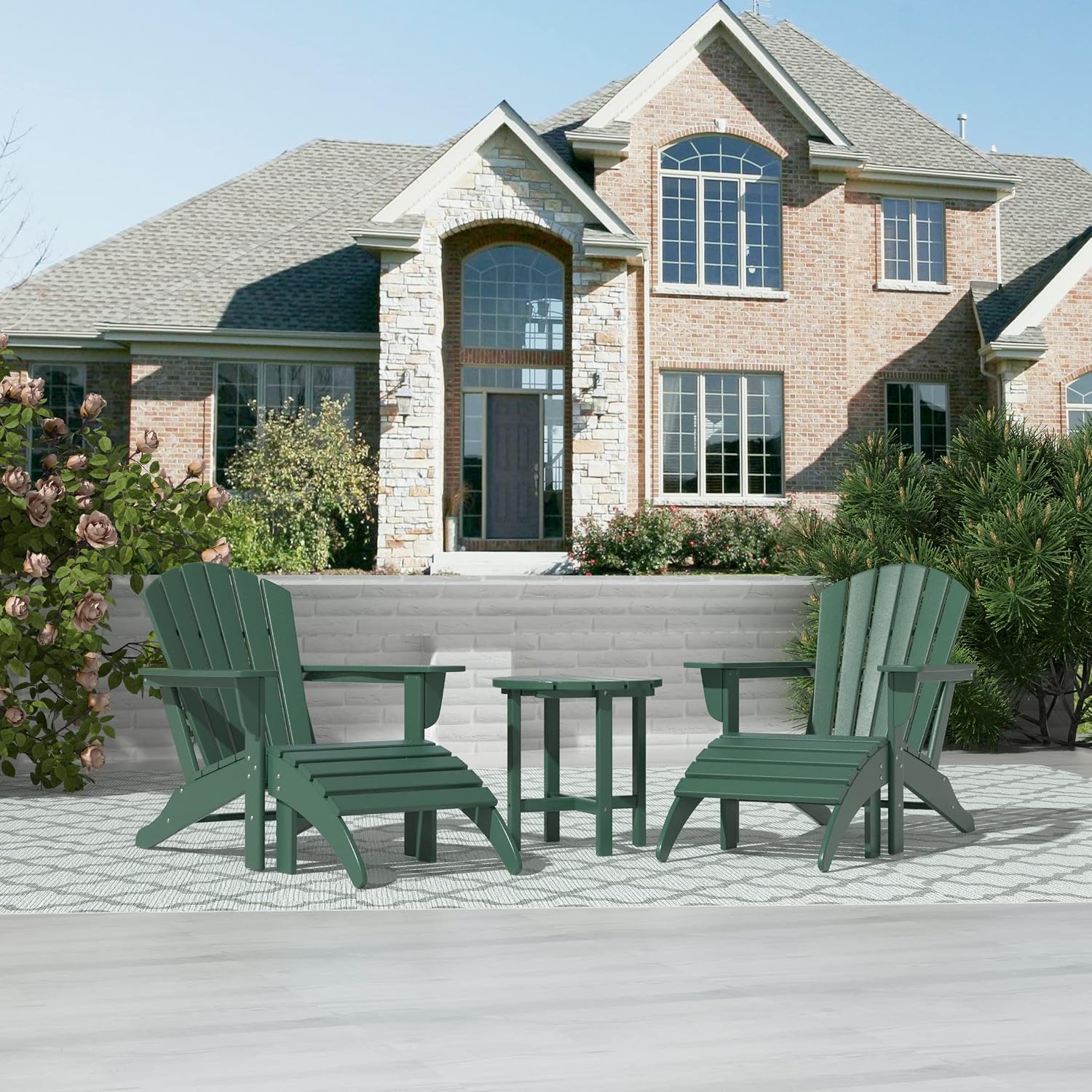 WO 5 PC Set - 2pcs Adirondack Chairs with 2pcs Ottoman Footrest and 1pc Side Table for Any Outdoor Area Like Patio, Garden, Backyard, Balcony, etc (Dark Green)