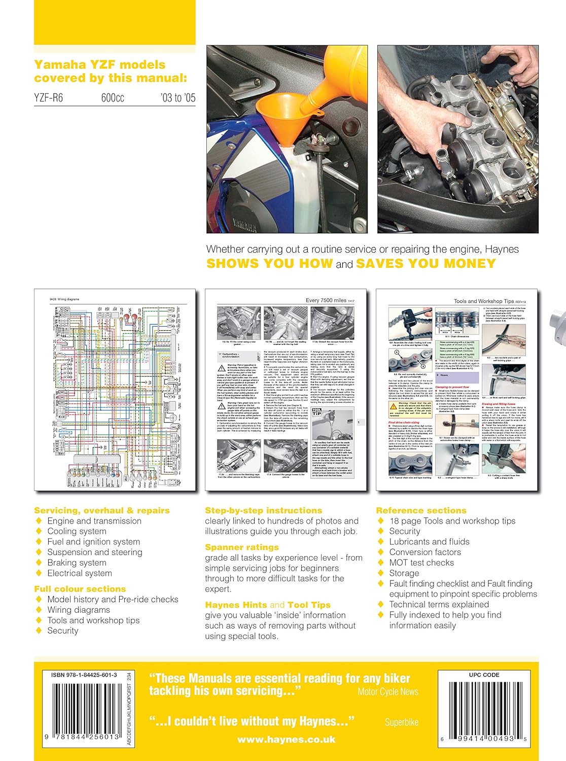 Back cover of the Haynes Yamaha YZF-R6 Service and Repair Manual showing examples of internal pages including wiring diagrams and step-by-step instructions.
