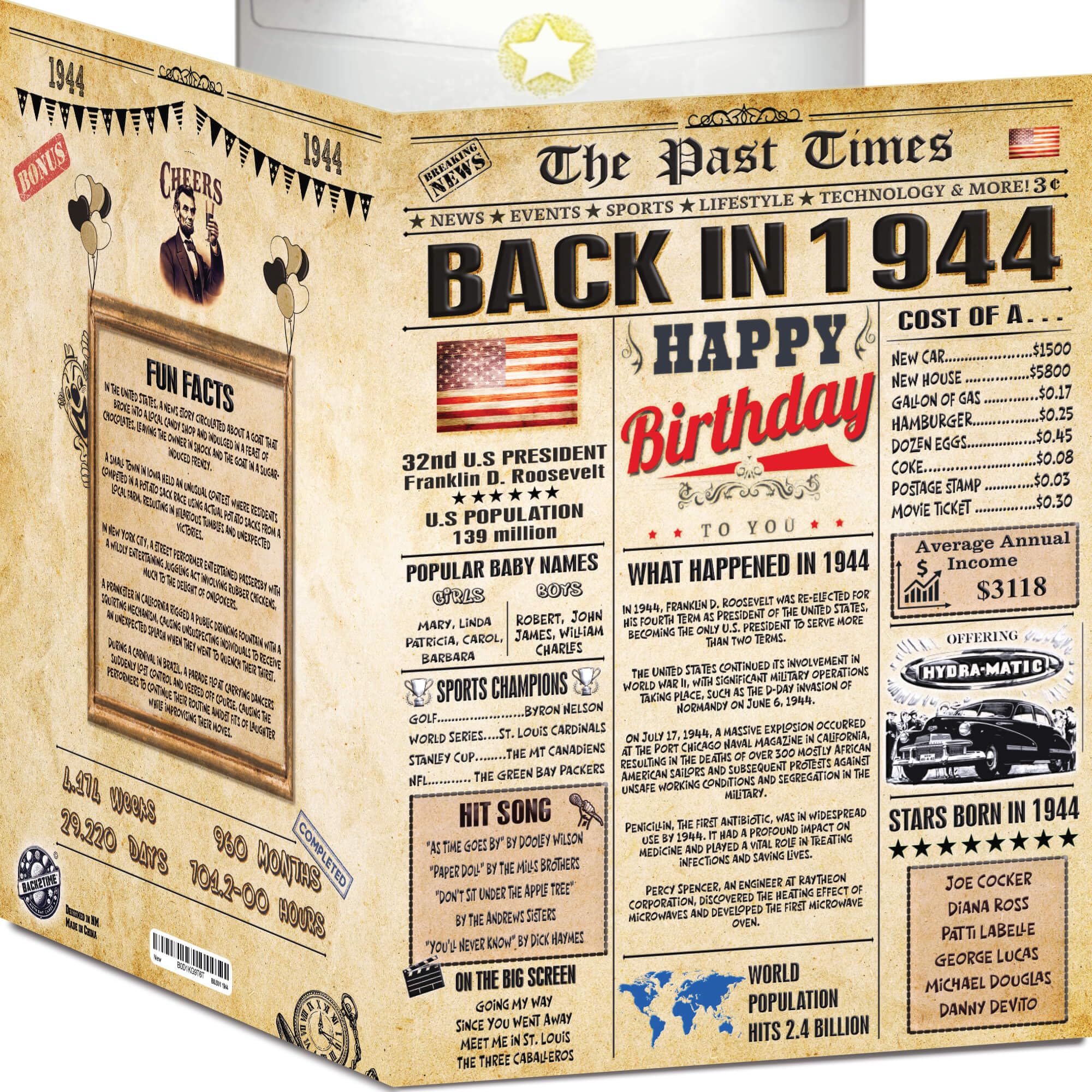 Back2Time 82nd Birthday Cards for Men & Women - Back In 1944 Newspaper (Bday Card + Envelope) Large HAPPY BIRTHDAY Decorations for Her Him Vintage