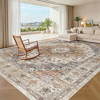 Madane 8x10 Area Rugs for Living Room, Non-Slip Washable Rug, Turmeric/Grey | Ultra-Thin Stain Resistant Vintage Large 8'X10' Carpet, Soft Low Pile Floor Mat For Bedroom Dining Room Office Home Decor