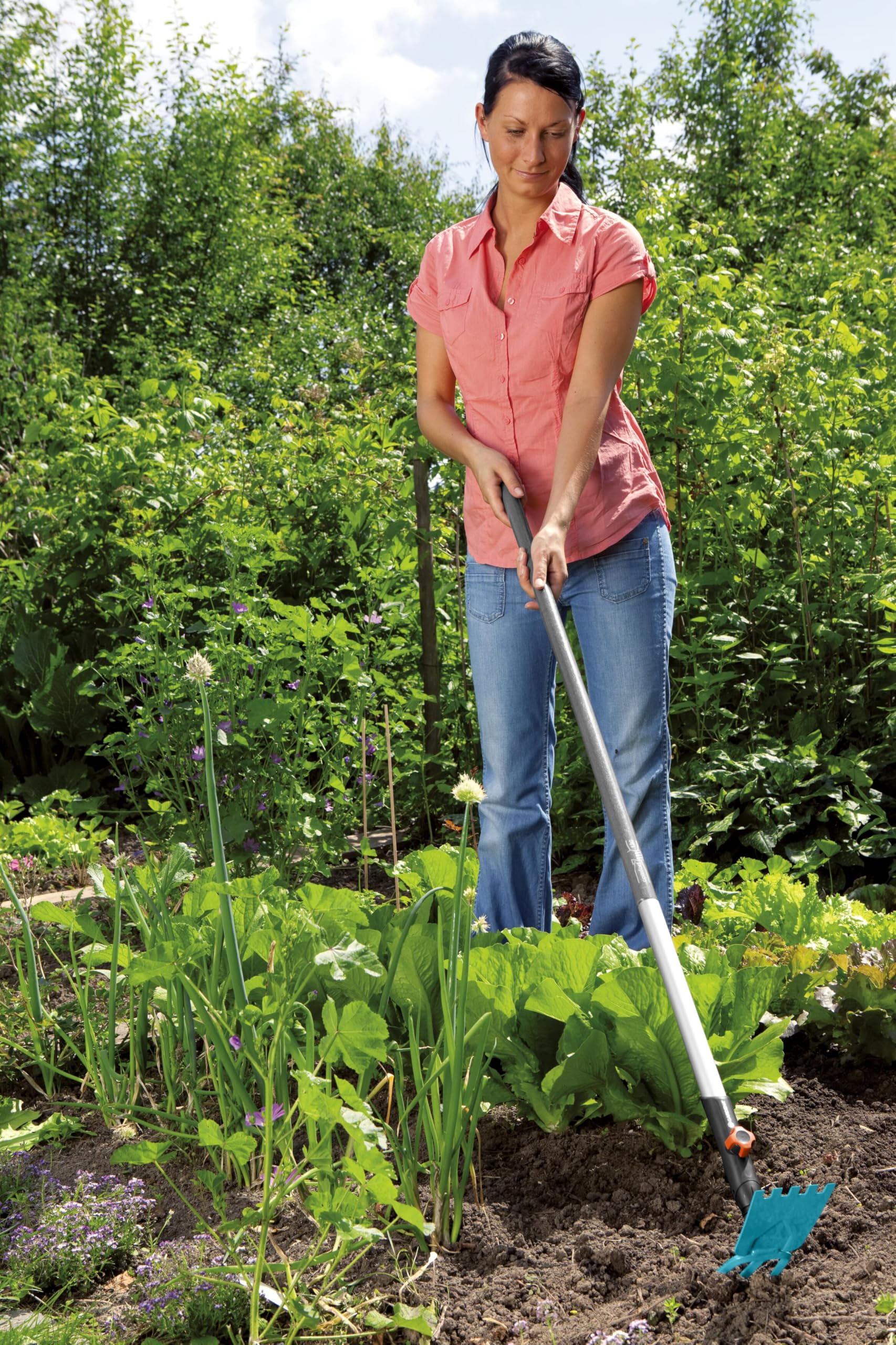 Gardena Hoe de jardin Comgrisystem: houe avec feuille droite, 3 dents, largeur de travail de 9 cm, en acier de haute qualité de haute qualité, revêtement thermodurcissable (3219-20)