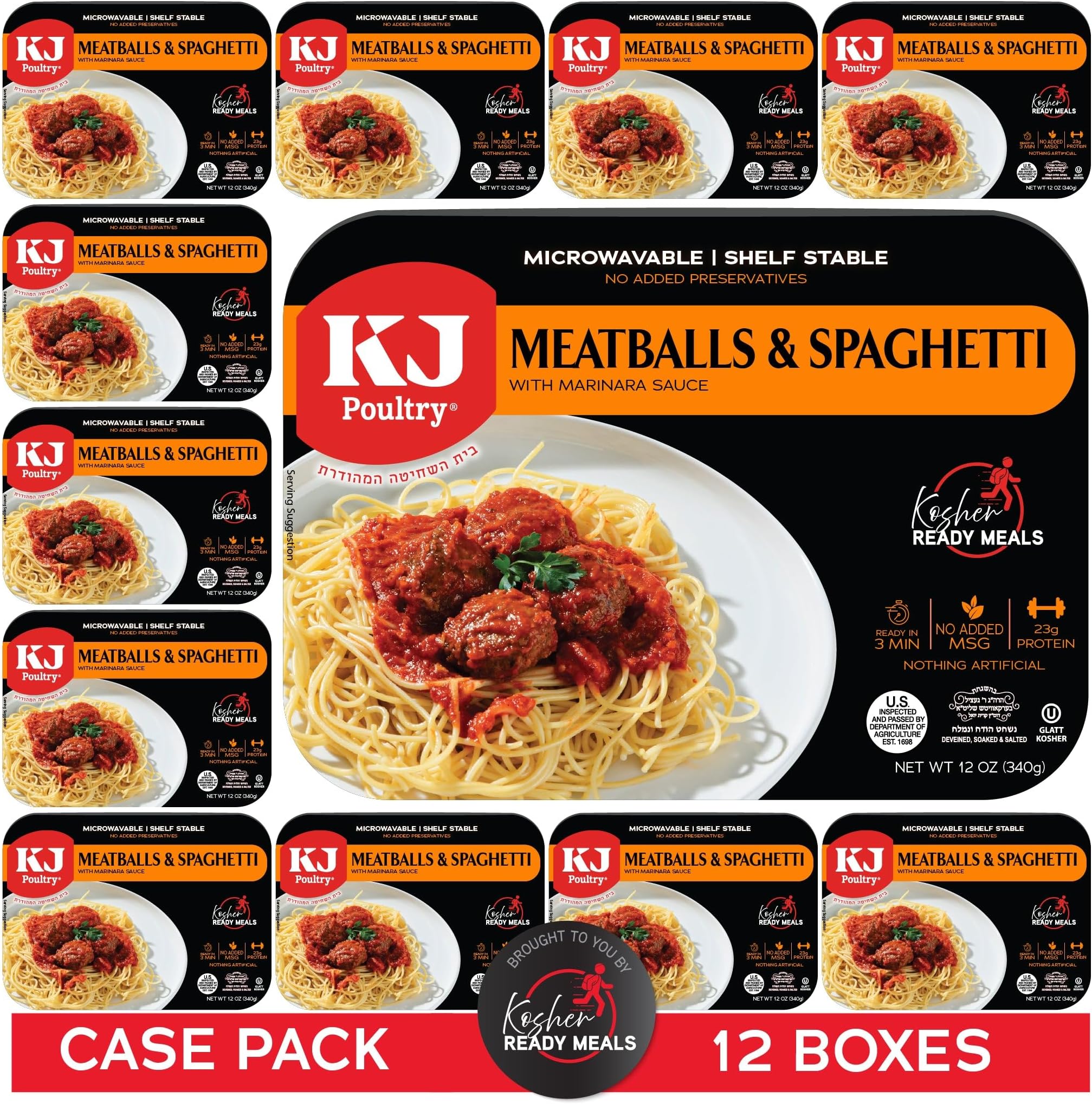 KJ Poultry Kosher Ready Meals - Spaghetti & Meatballs, MRE Meals Ready to Eat (12 Pack) Prepared Entree Fully Cooked, Shelf Stable Microwave Dinner Travel, Military, Camping, Emergency Survival
