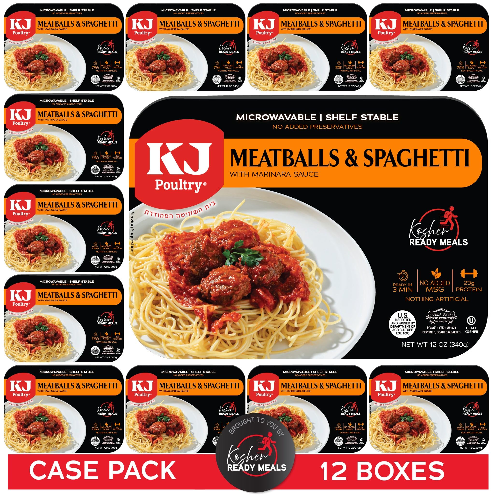 KJ Poultry Kosher Ready Meals - Spaghetti & Meatballs, MRE Meals Ready to Eat (12 Pack) Prepared Entree Fully Cooked, Shelf Stable Microwave Dinner Travel, Military, Camping, Emergency Survival