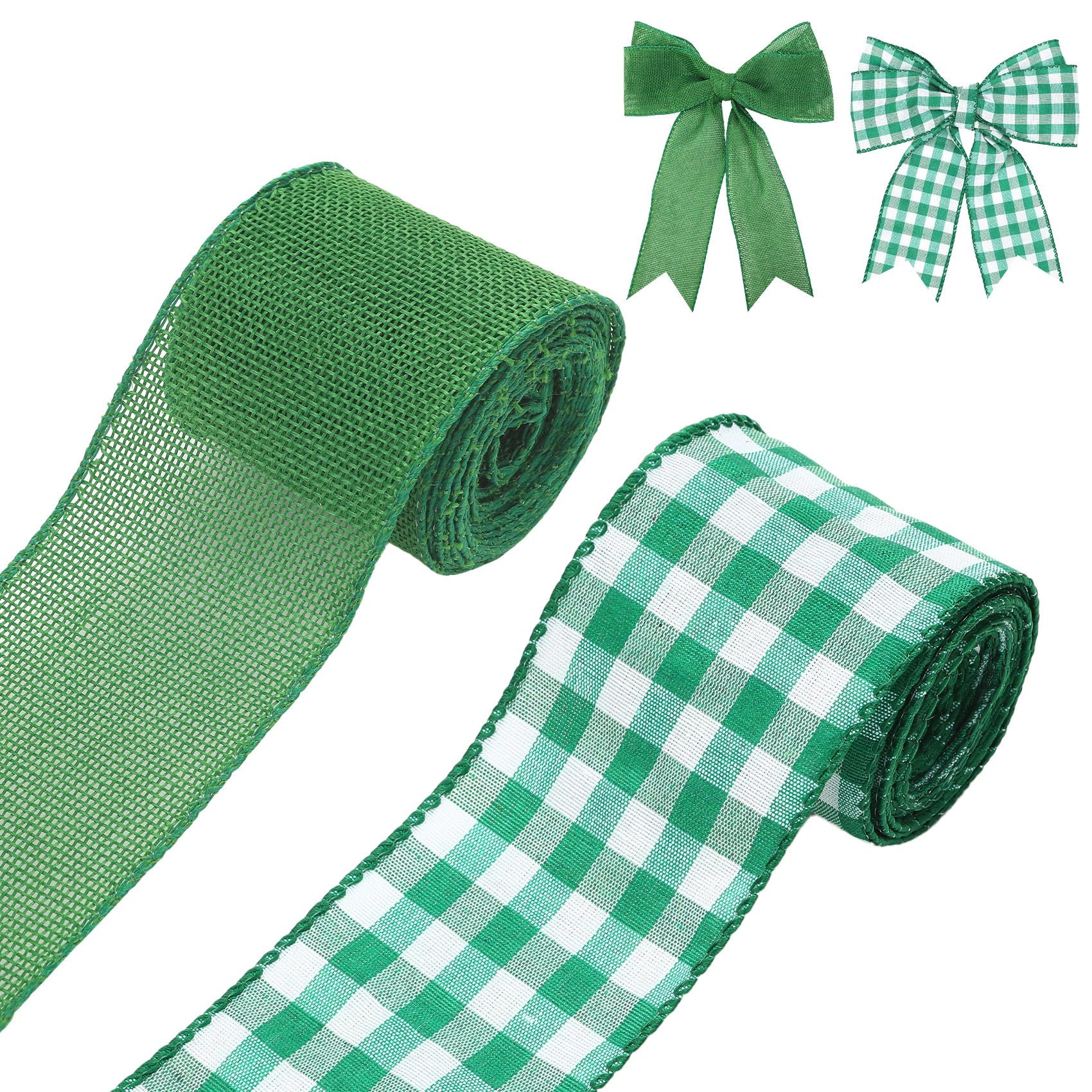 Photo 1 of Green and White Gingham Ribbon Green Burlap Wired Ribbon 2 Rolls 2.5 Inch Solid and Buffalo Plaid Ribbons for Gift Wrapping DIY Crafts Garlands Wreaths Bow Making Holiday Home Decor Party Supply