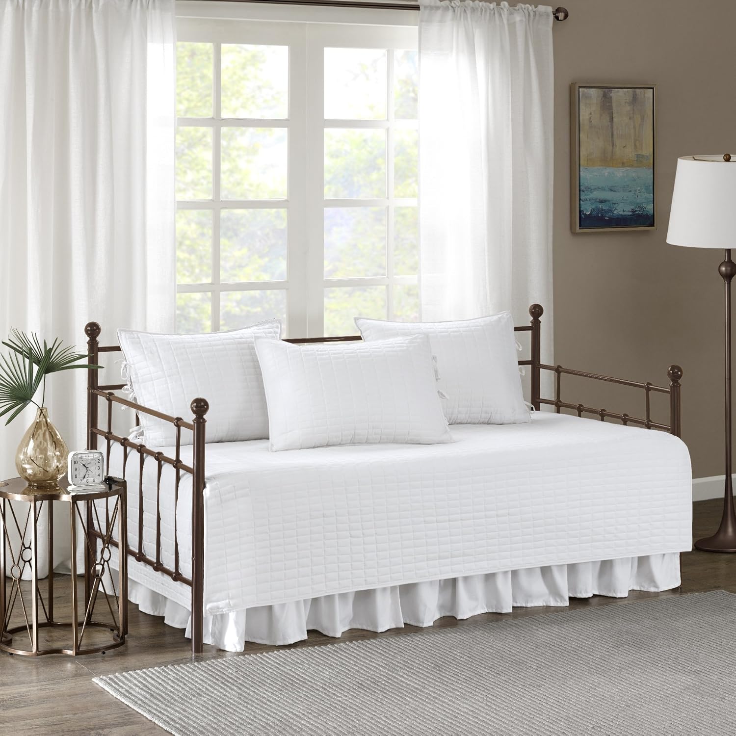 Comfort Spaces Daybed Cover - Luxe Double Sided Quilting, All Season Cozy Bedding with Bedskirt, Matching Shams, Kienna White 75"x39" 5 Piece
