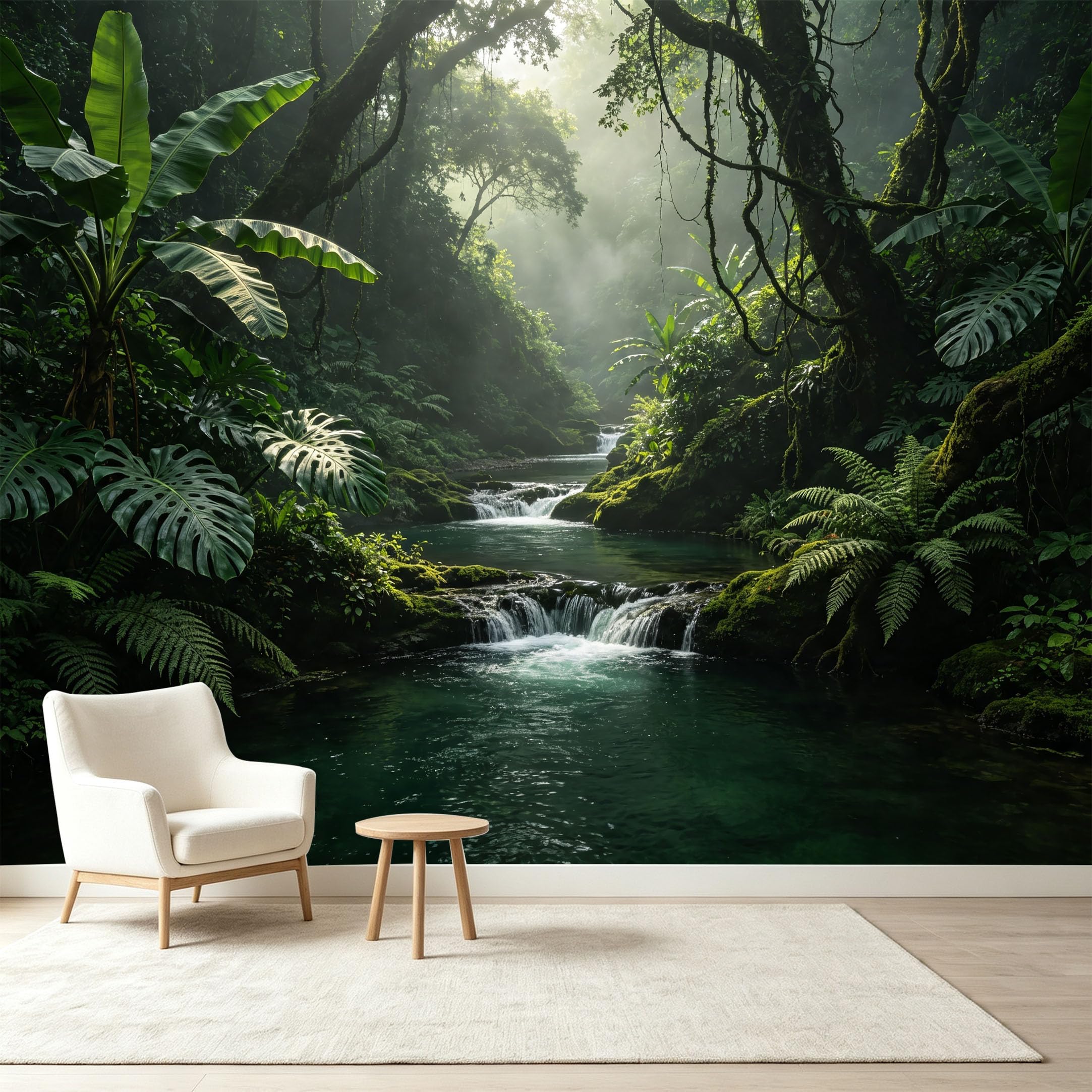 Custom Size Wall Murals Tropical Jungle Rainforest River Waterfall Botanical Self-Adhesive Wall Fabric Removable Wallpaper Wall Decor for Living Room Bedroom Bathroom