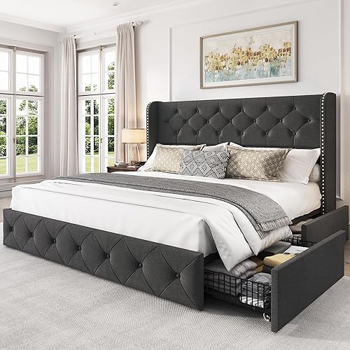 Miniatura 19 de LARMACE - Marco de cama tamaño King con 4 cajones de almacenamiento y cabecera tapizada con botones, cama de plataforma tapizada en lino con