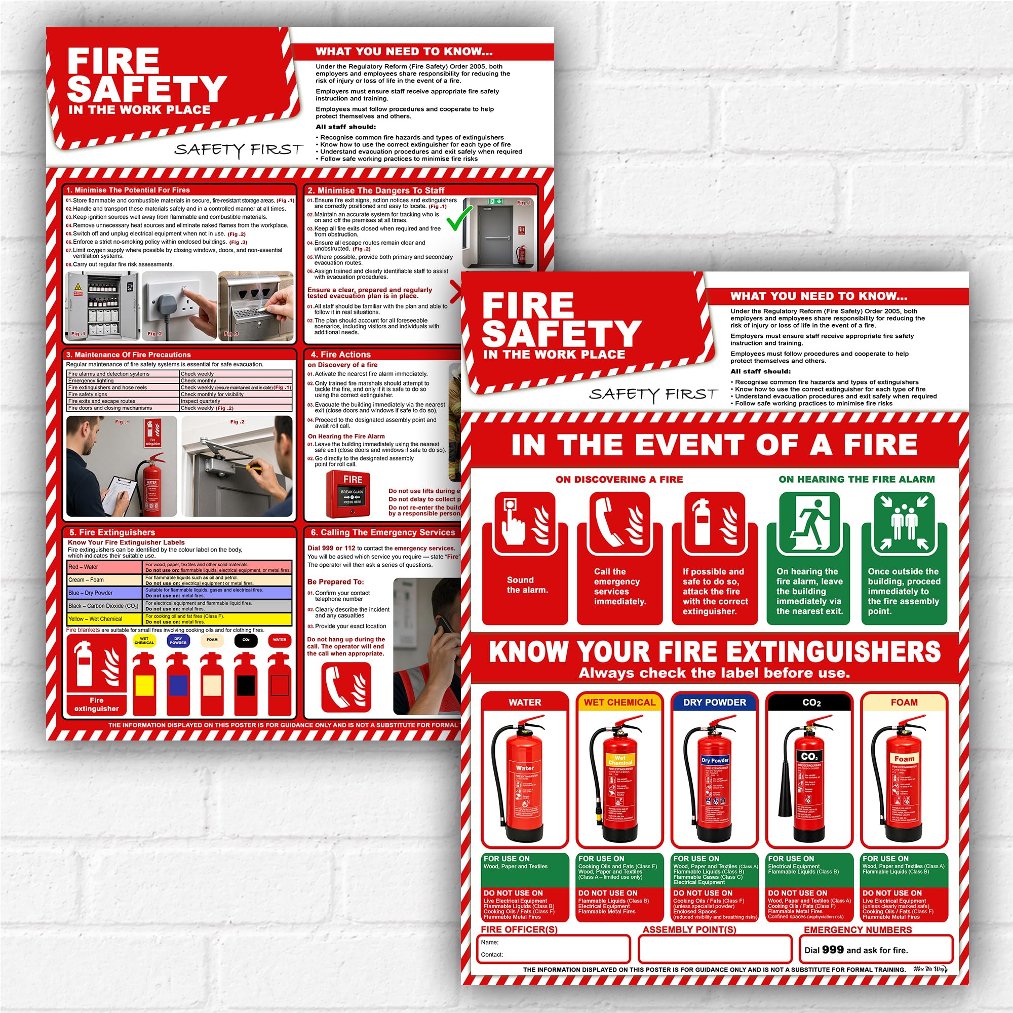 Fire Safety Posters A3 Set of 2 – Fire Action & Fire Extinguisher Guide – Workplace Health & Safety Signs UK – Emergency Procedures & Training Wall Posters