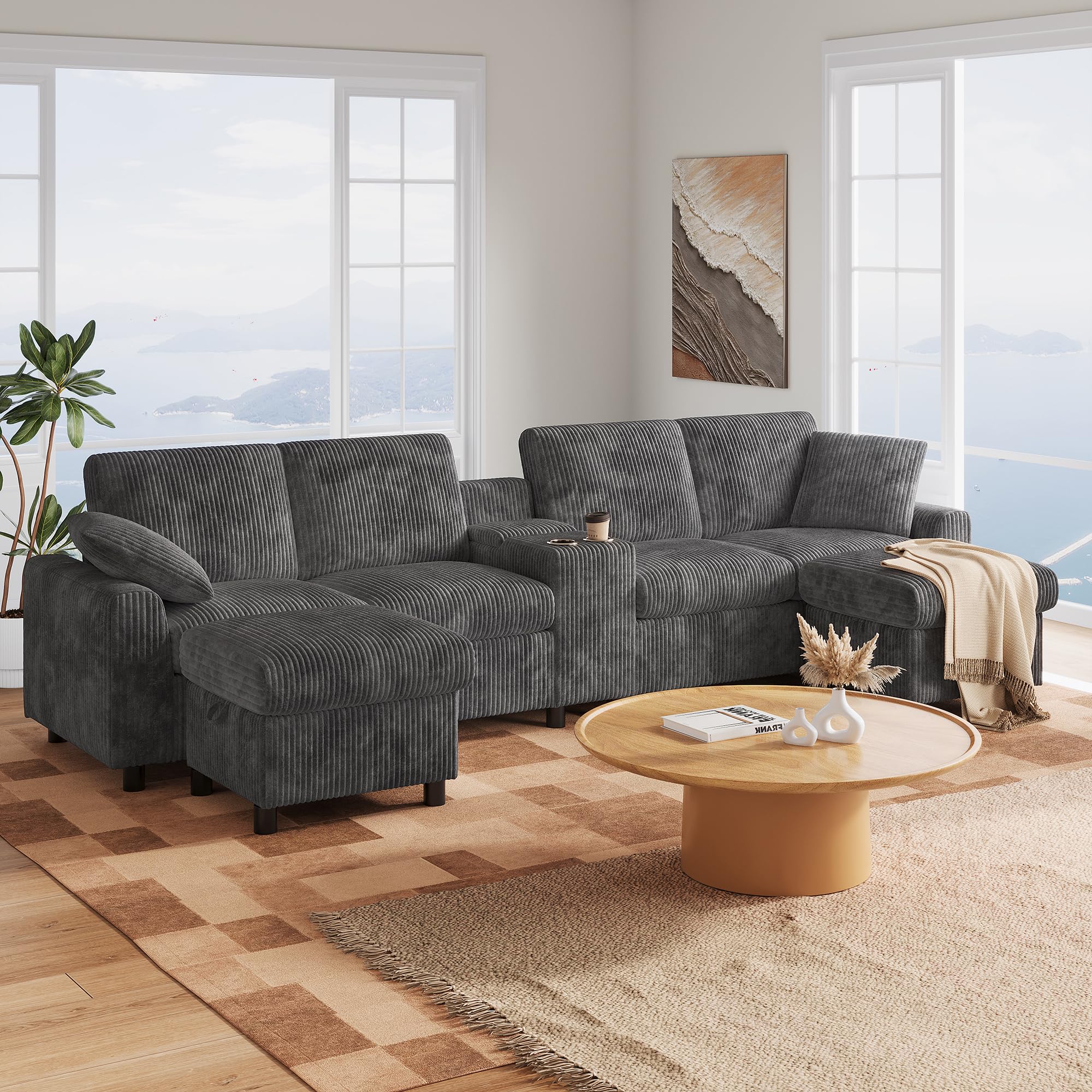 Sofá modular en U, sofá moderno de 4 plazas con puerto USB, reposabrazos central con 1 mesa y 2 portavasos, sofá multifuncional con 2 reposapiés de almacenamiento móviles, tejido acanalado, gris