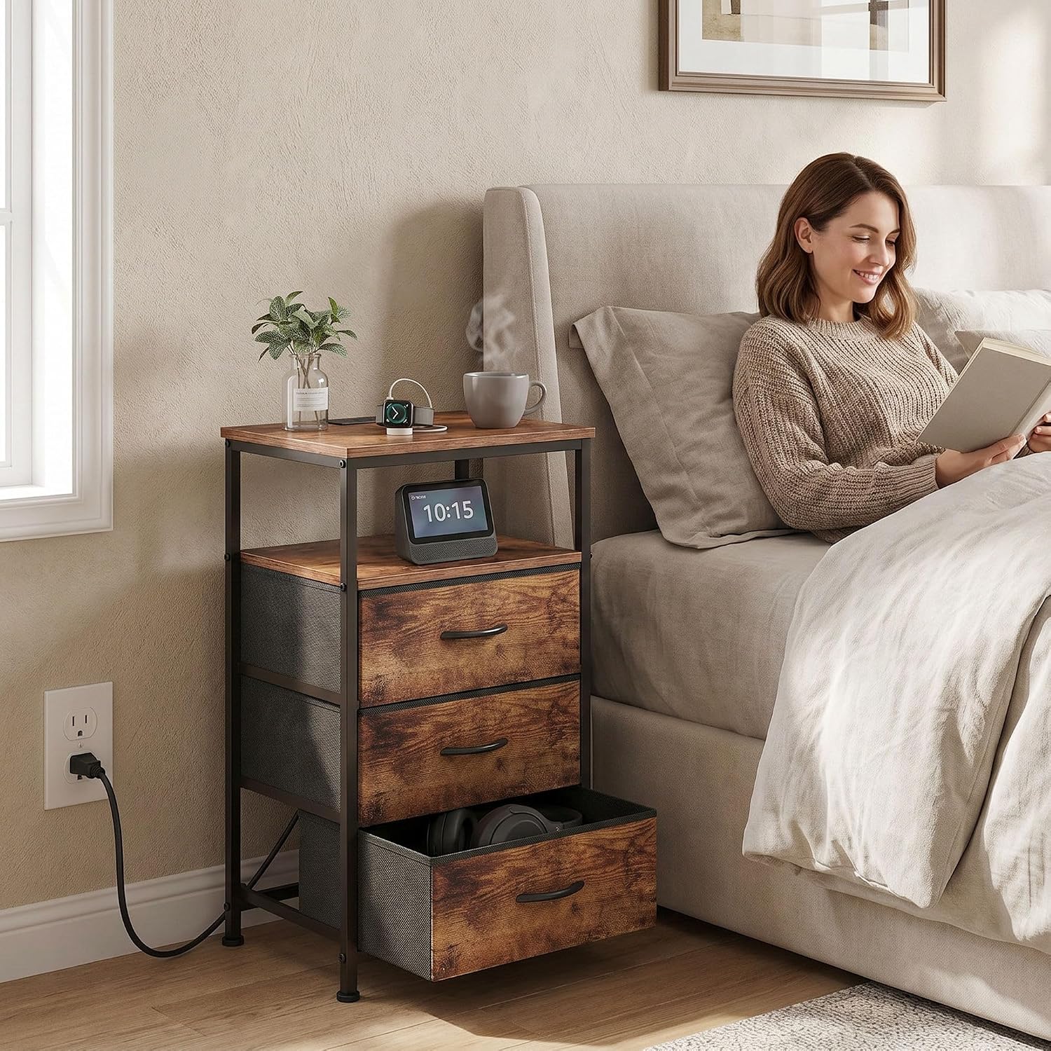 Nightstand with Charging Station, 3 Fabric Drawers for Bedroom | Charging Station with USB Ports & Outlets, Sturdy Bedside Table, Spacious Fabric Drawers for Bedroom Storage