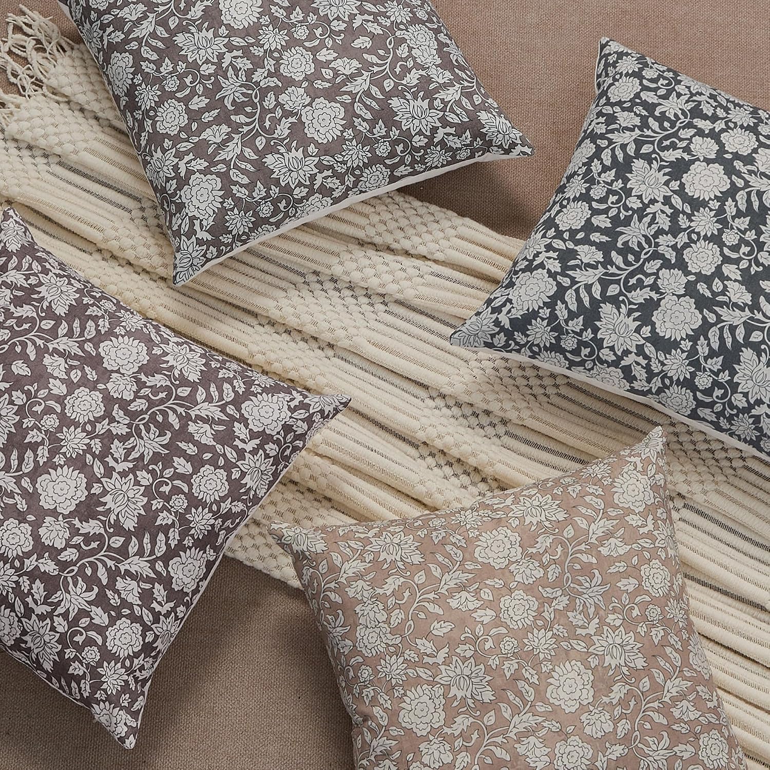 DFXSZ Neutral Floral Pillow Covers 20x20 Inch Set of 2 Chocolate Color Boho Vintage Accent Patterned Decor Throw Pillow Cases for Spring Summer Farmhouse Sofa Couch Chair Bedroom Living Room TH156B20 image 5