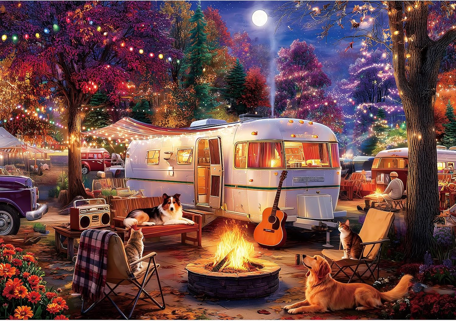 LUXDIVINA 2000 Piece Puzzle for Adults, Puzzles for Adults 2000 Pieces, Retro Camper Camping Night Cat Dog Jigsaw Puzzles, Family Fun Puzzle Perfect for Game Nights, 39" X 28"