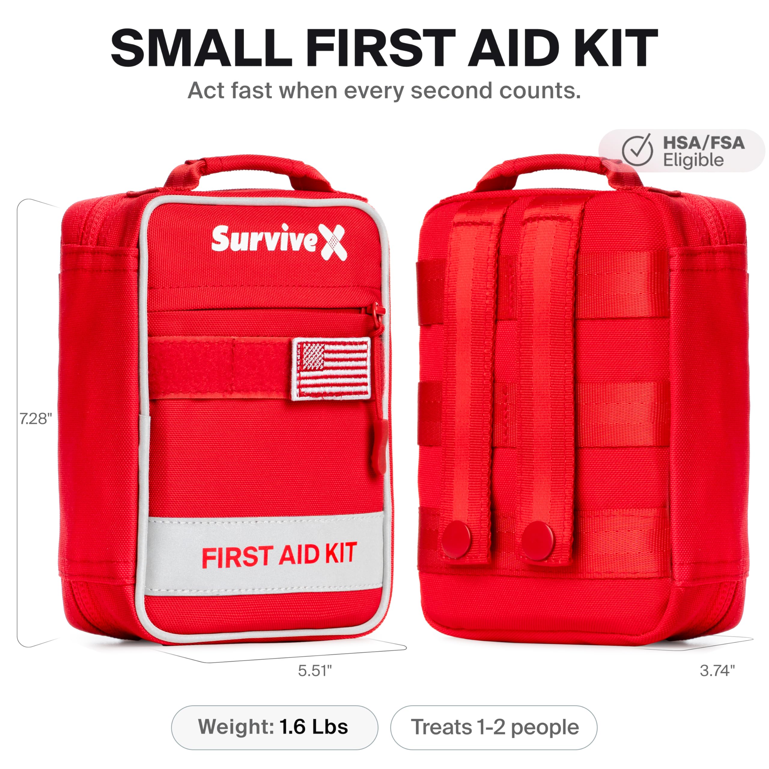 SurviveX Pequeño botiquín de primeros auxilios para coche, viajes y hogar, kit de emergencia para senderismo, camping, mochileros y al aire libre, incluye tiras de cierre de herida de punto de
