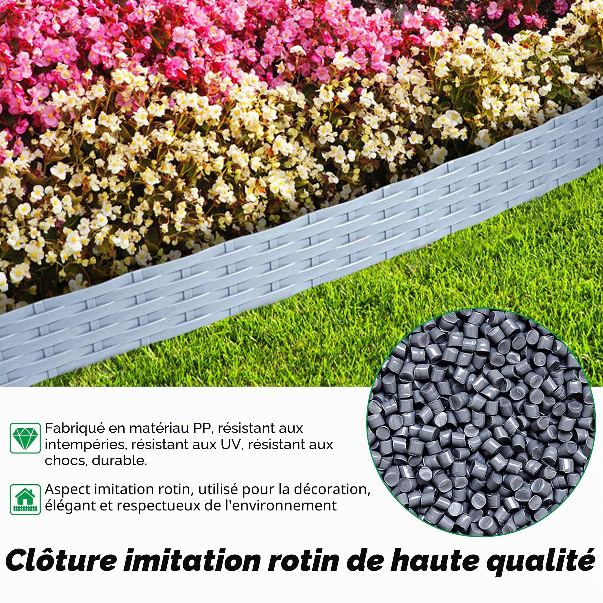Aufun Bordure de jardin en plastique de 5 m en aspect rotin avec 5 éléments de 100 cm, design flexible pour délimitation de parterre de fleurs, courbe pour coupe de gazon, bordure de plate-bande pour