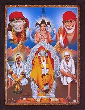 SANVIKA Sai Baba Poster Frame Wall Decor, Sai Baba Photo Art Frame For Living Room Decor, Hindu Decor For Home Office, Pooja Room-12" x 9" Sai Baba Sitting on Throne with Colorful Garland COL-6