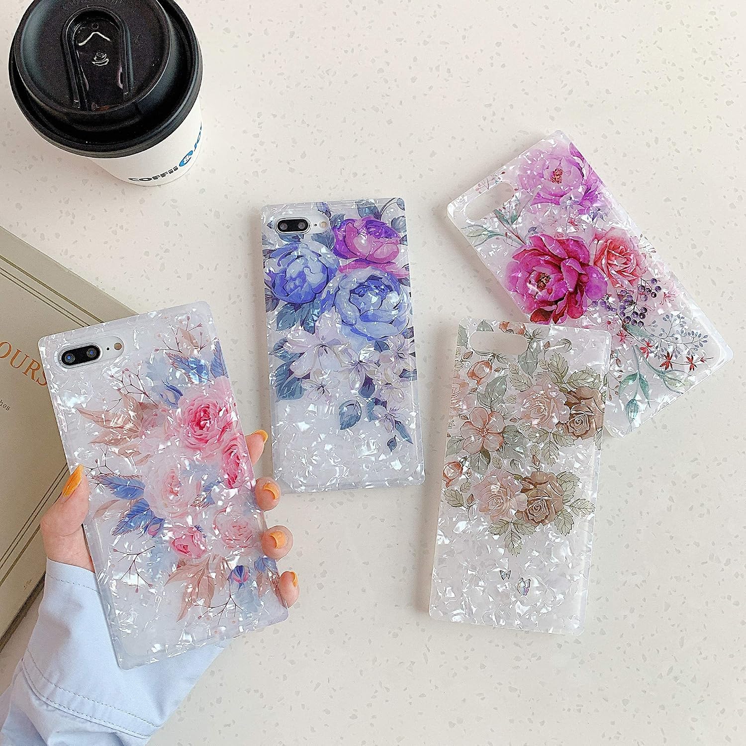 WEDO Compatible with iPhone 8 Plus, iPhone 7 Plus Square Case Bling Shell Pattern Full Body Protection Soft Silicone Crystal Shockproof Bumper Cover (Light Flower)