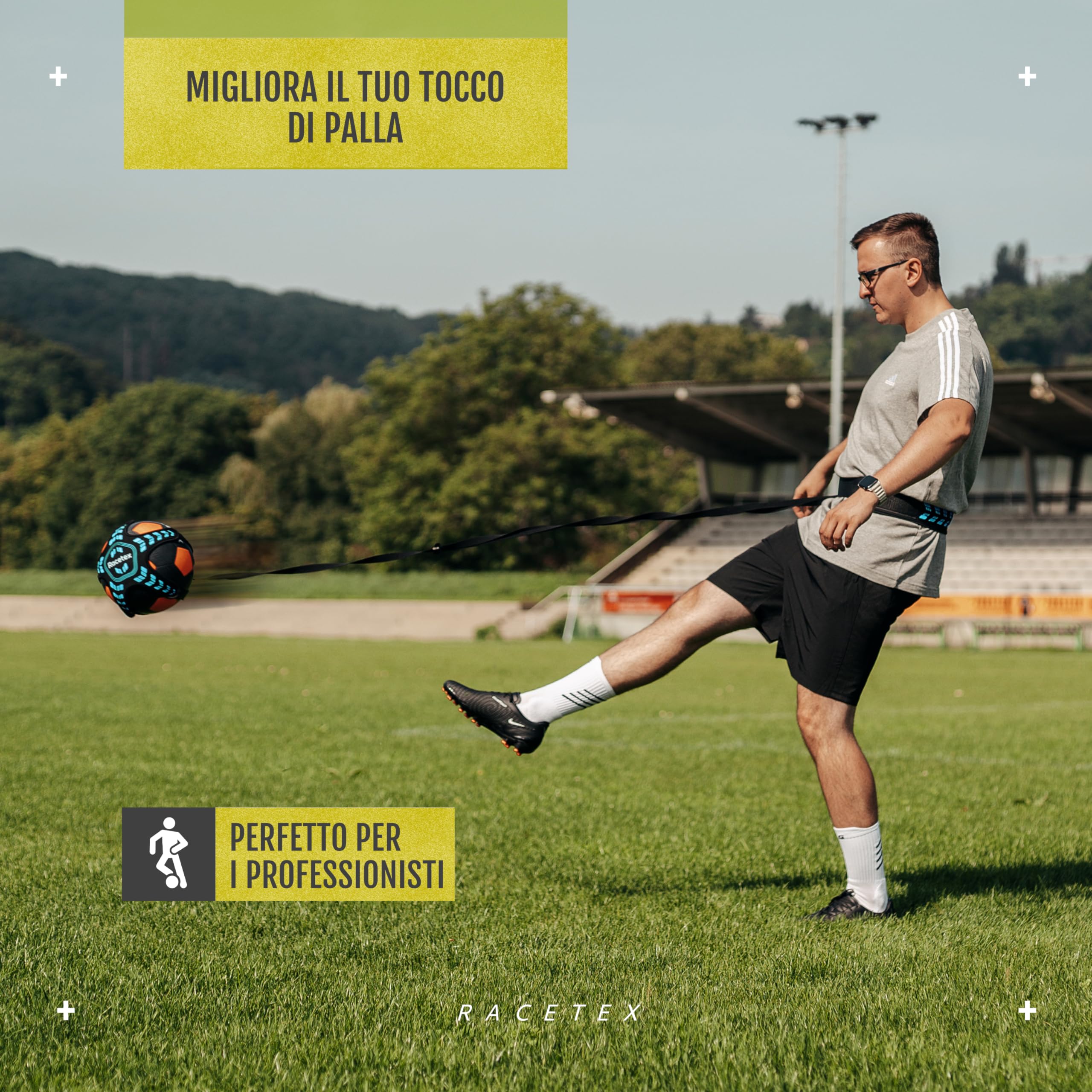 Racetex Allenatore di calcio con corda [lunghezza regolabile] – Il dispositivo di allenamento perfetto per calciatori – Accessori per calcio – Cintura per allenamento calcio – Idea regalo