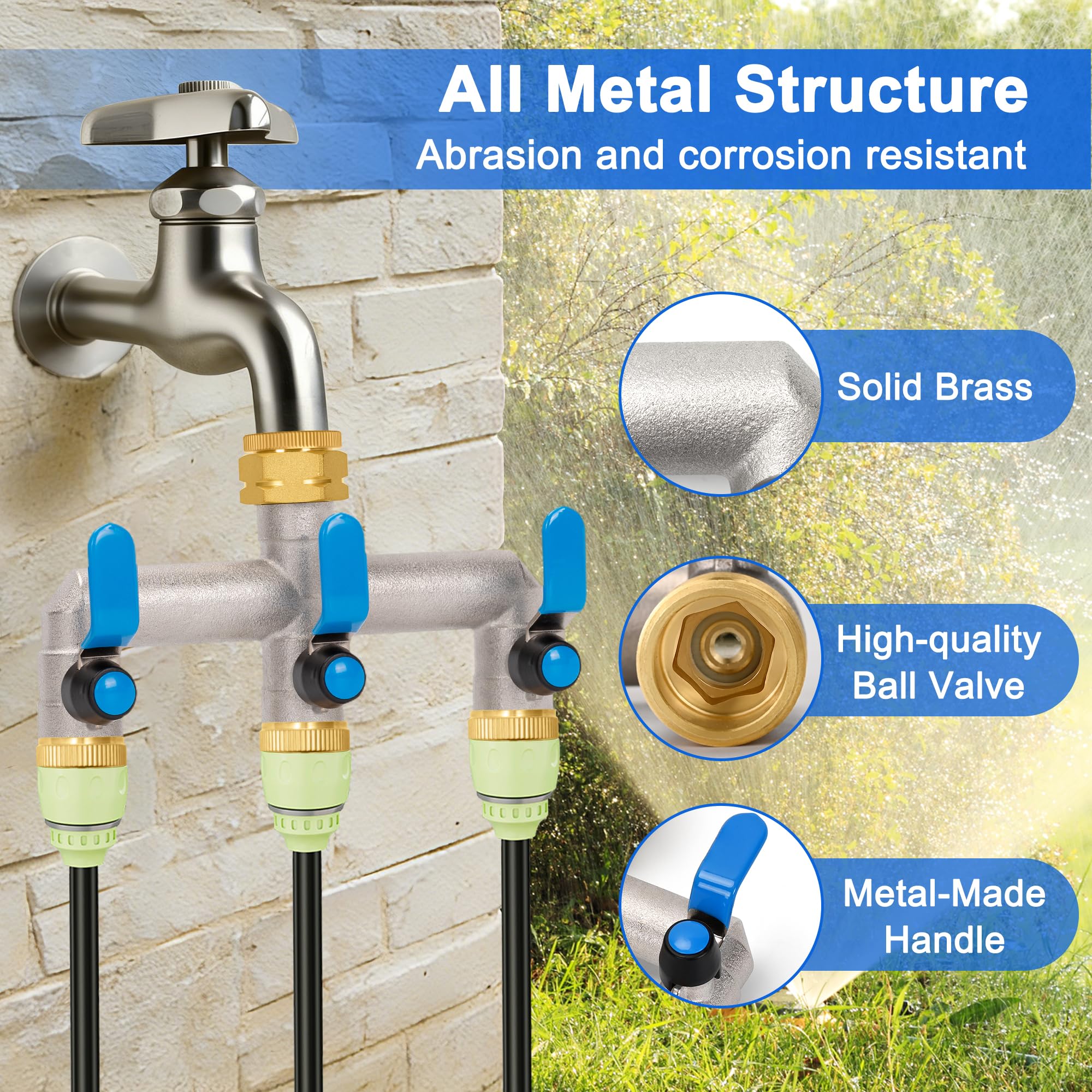 Distributore d'acqua a 3 vie, distributore d'acqua a 3 vie, distributore d'acqua da giardino con tre maniglie di prolunga blu in acciaio inox 304, adattatore da 3/4" per casa, cortile, lavatrice