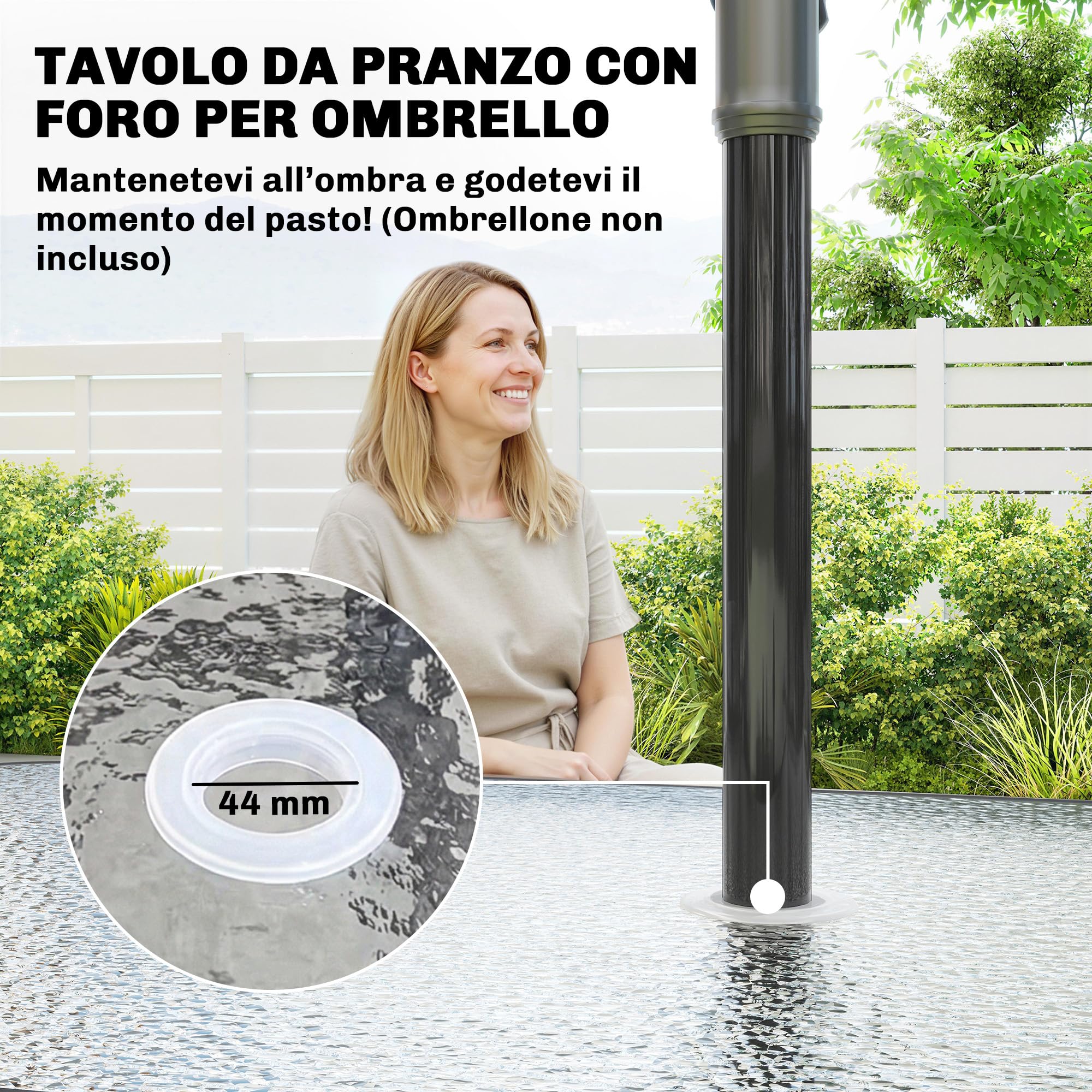 Outsunny Set Tavolo e Sedie da Giardino 5 Pezzi, Set Pranzo Esterno con 4 Sedie Impilabili Texteline, Tavolo Vetro Temperato, Foro Ombrellone, Acciaio, Grigio Chiaro