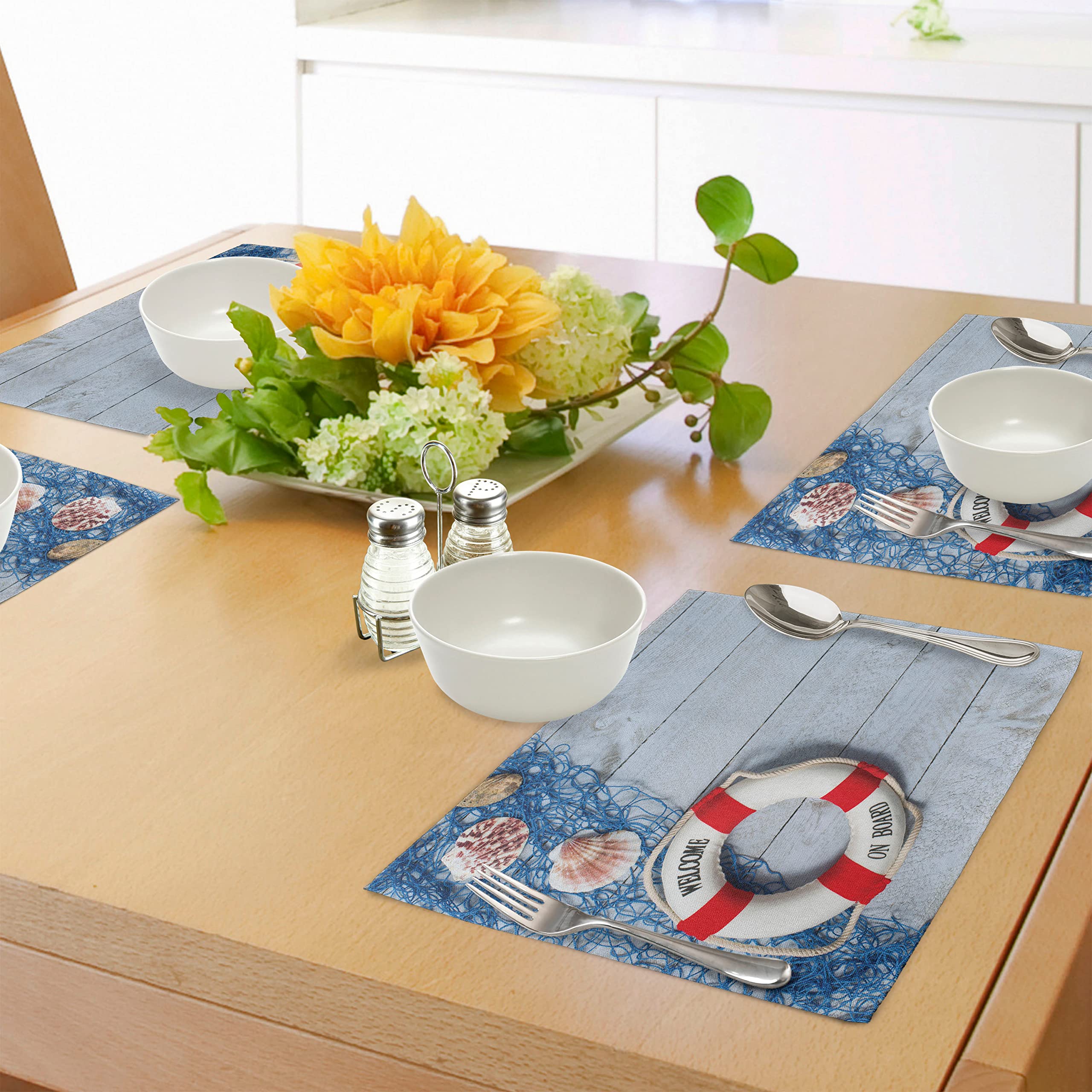 ABAKUHAUS Boa Tovaglietta Americana Set di 4, Rete da Pesca in Legno Seashell, Tovagliette in Tessuto Lavabile per Tavolo da Pranzo Cena, Polvere Blu Rosso