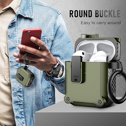 Vista 128 de Maxjoy Funda para AirPods Pro, clip de bloqueo seguro de fibra de carbono, cuerpo completo, a prueba de golpes, carcasa rígida con llavero