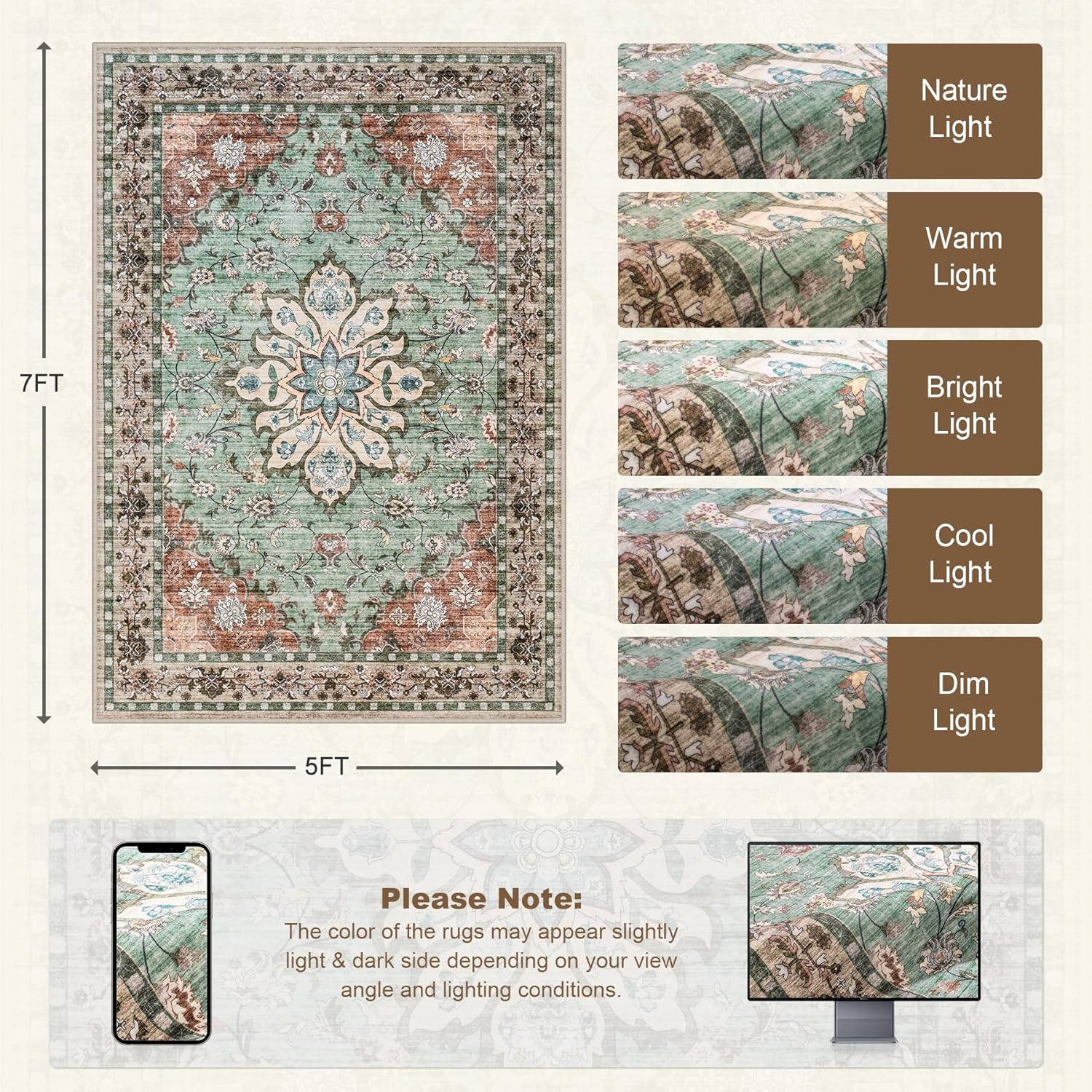 5x7 Area Rugs Living Room Rug: Washable Vintage Distressed Floral Rug No Slip Stain Resistant Soft Carpet Indoor Large Carpets for Bedroom Dining Room Farmhouse Nursery Hallway Home Office Brown Green - Image 2