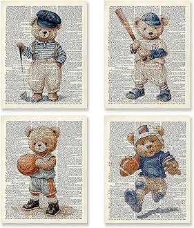KSDUT Vintage Bear Sports Wall Decor Art Set of 4 - Retro Nursery Artwork Poster Prints Boys Room Wall Decor Kids Gifts Wall Art for Nursery Sports Room Dorm Decorations - 8"x10" Unframed