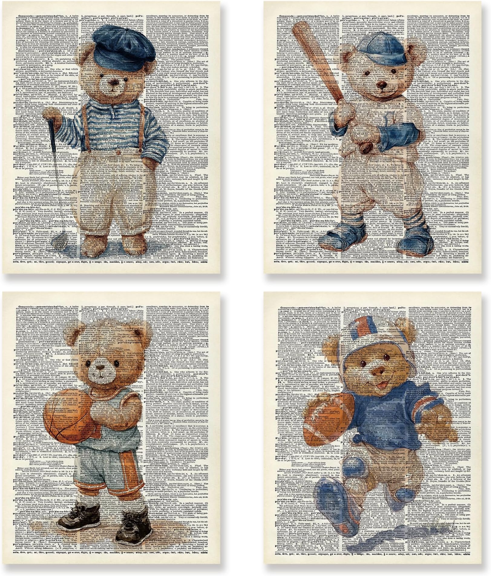 KSDUT Vintage Bear Sports Wall Decor Art Set of 4 - Retro Nursery Artwork Poster Prints Boys Room Wall Decor Kids Gifts Wall Art for Nursery Sports Room Dorm Decorations - 8"x10" Unframed