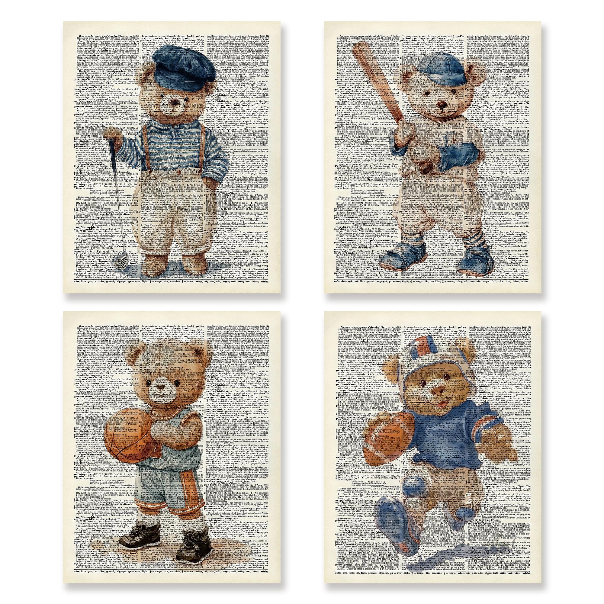 KSDUT Vintage Bear Sports Wall Decor Art Set of 4 - Retro Nursery Artwork Poster Prints Boys Room Wall Decor Kids Gifts Wall Art for Nursery Sports Room Dorm Decorations - 8"x10" Unframed