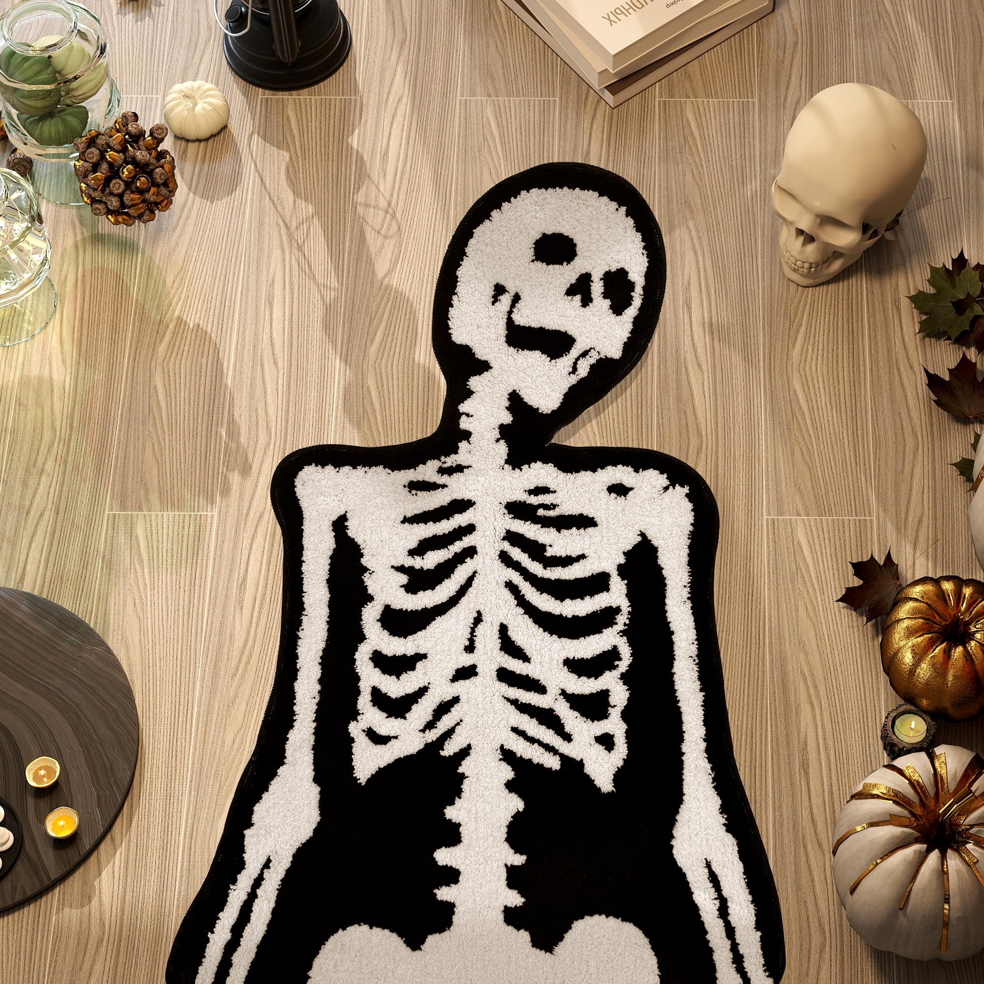 HYPEECE Halloween Bathroom Rugs, Spooky Skull Bath Mat Gothic Decor, Cool Rugs for Bedroom, High-Pile Soft Flocking Gothic Rug, Black & White, 28”×40” (Skeleton)