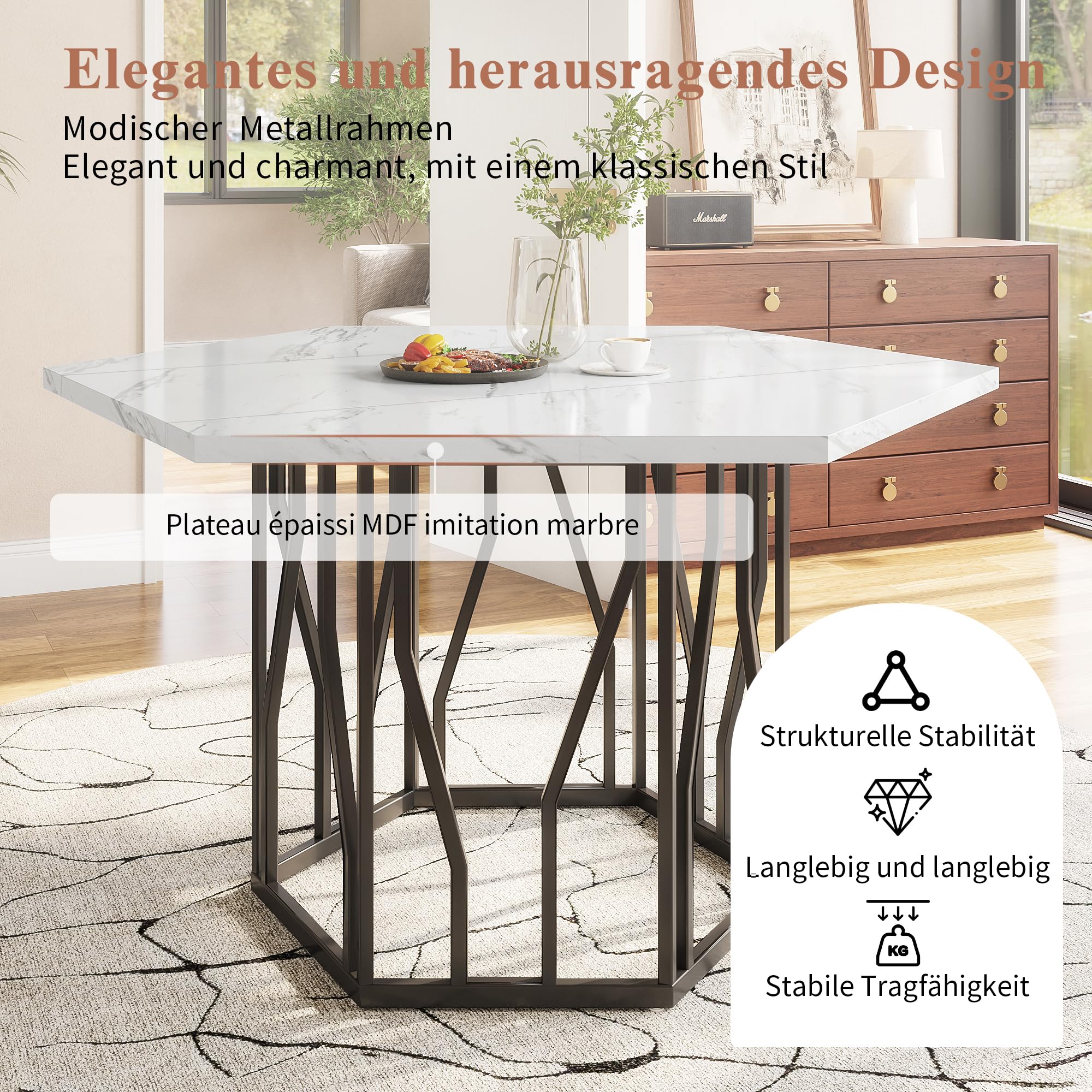 LAKFEW Esstisch mit 4 Stühlen, Esszimmerstühle 4er Set mit 115.5 x 100 cm Marmor-Esstisch und 4 Esszimmerstühle, Essgruppe Tisch und Stühle Set, Küchenmöbel, Schwarz