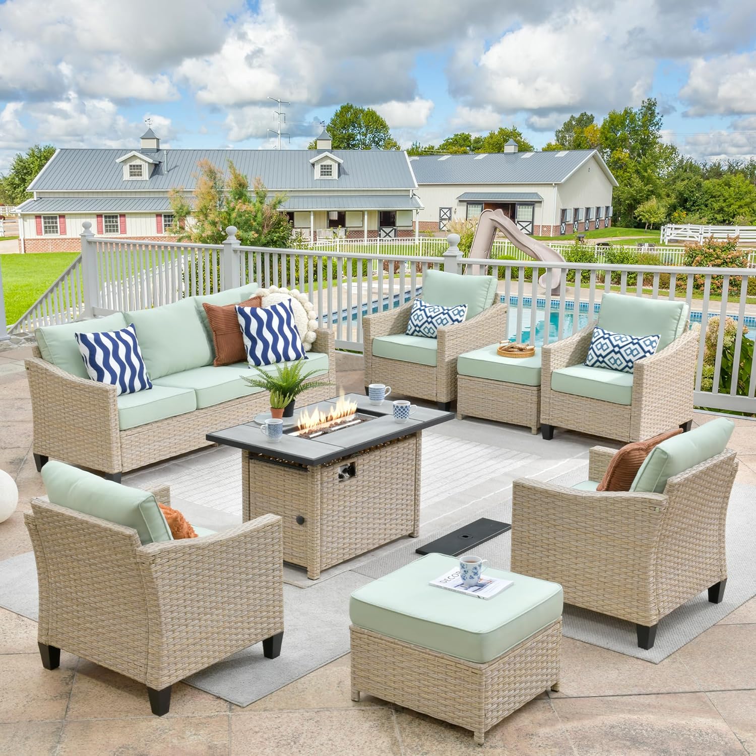 ovios 8Piece Wicker Patio Furniture Set with Fire Table