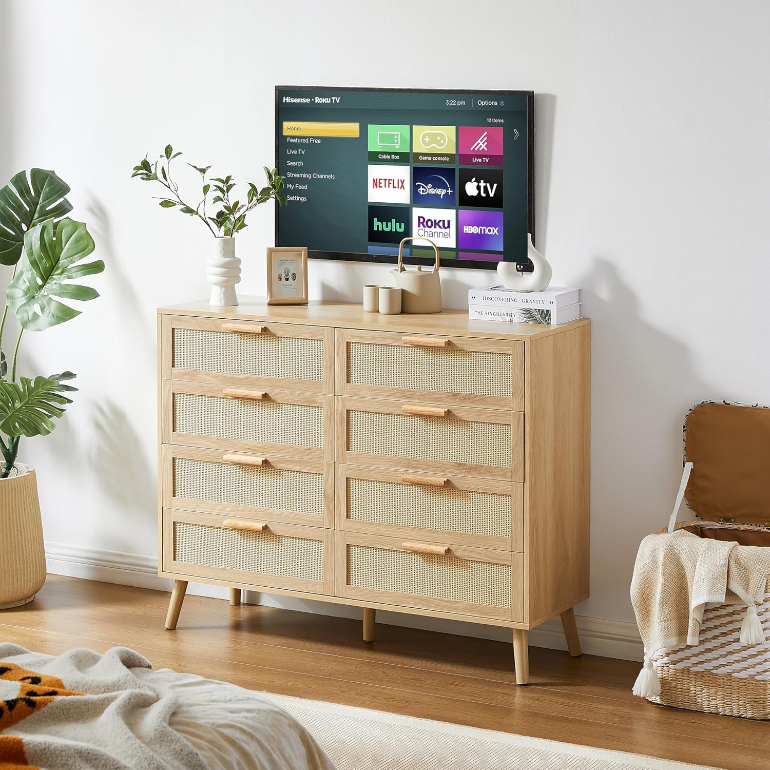 Drawer Wave Pattern Dresser, Natural Wood Chest with Wavy Fronts & Metal Pulls, Storage Cabinet for Kids Room, Living Room, Entryway, Multi-Functional Organizer (Natural+8-Drawer)