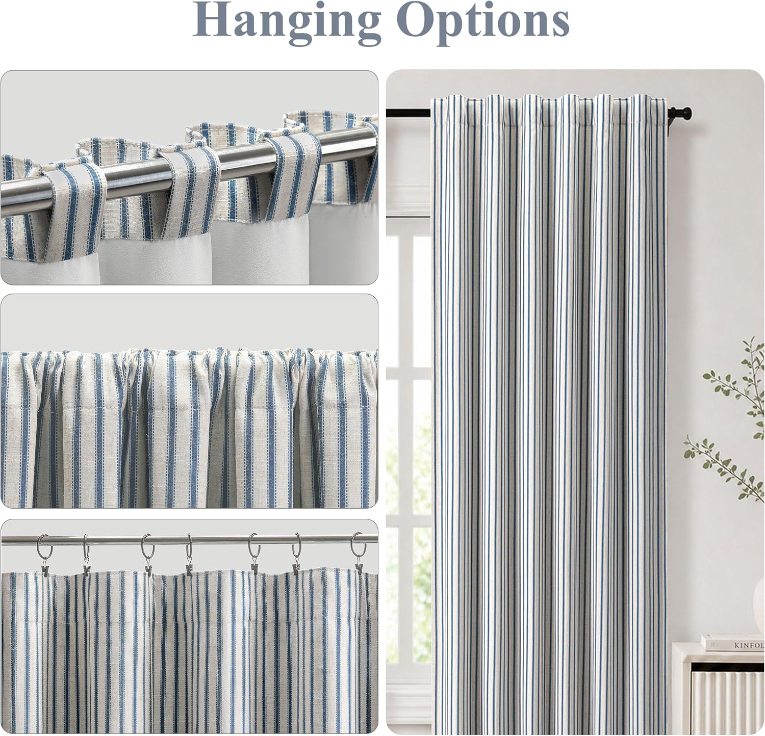 Blue Striped 100% Blackout Linen Curtains，52" W*84" L，2 Panels