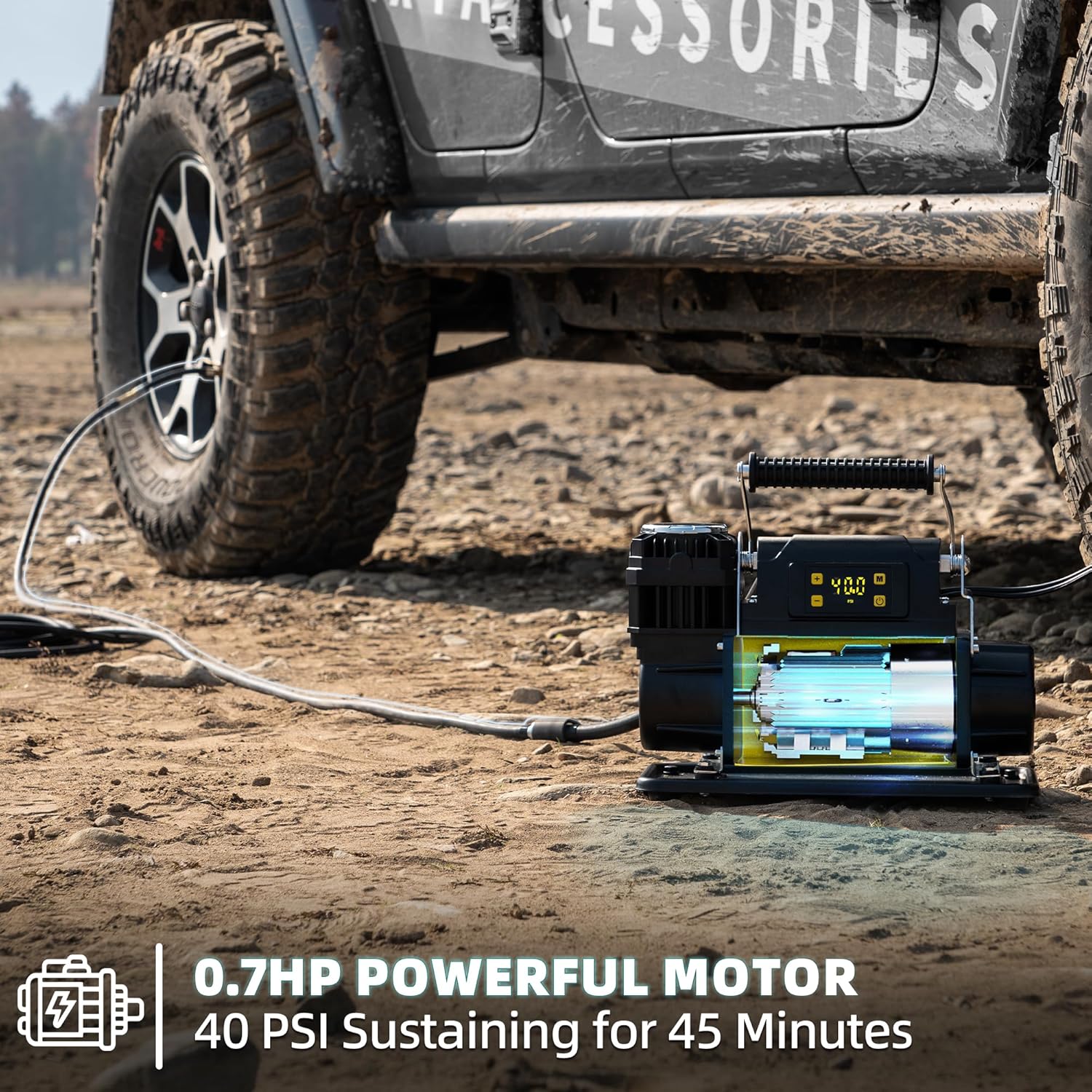 SMAOUT 12V Digital Air Compressor, Offroad Portable Inflator 7.06 CFM, Air Pump Max 150PSI for Heavy-Duty Tires, with LCD Control Panel to Preset Target Pressure, 4x4 Vehicle, SUV, RV
