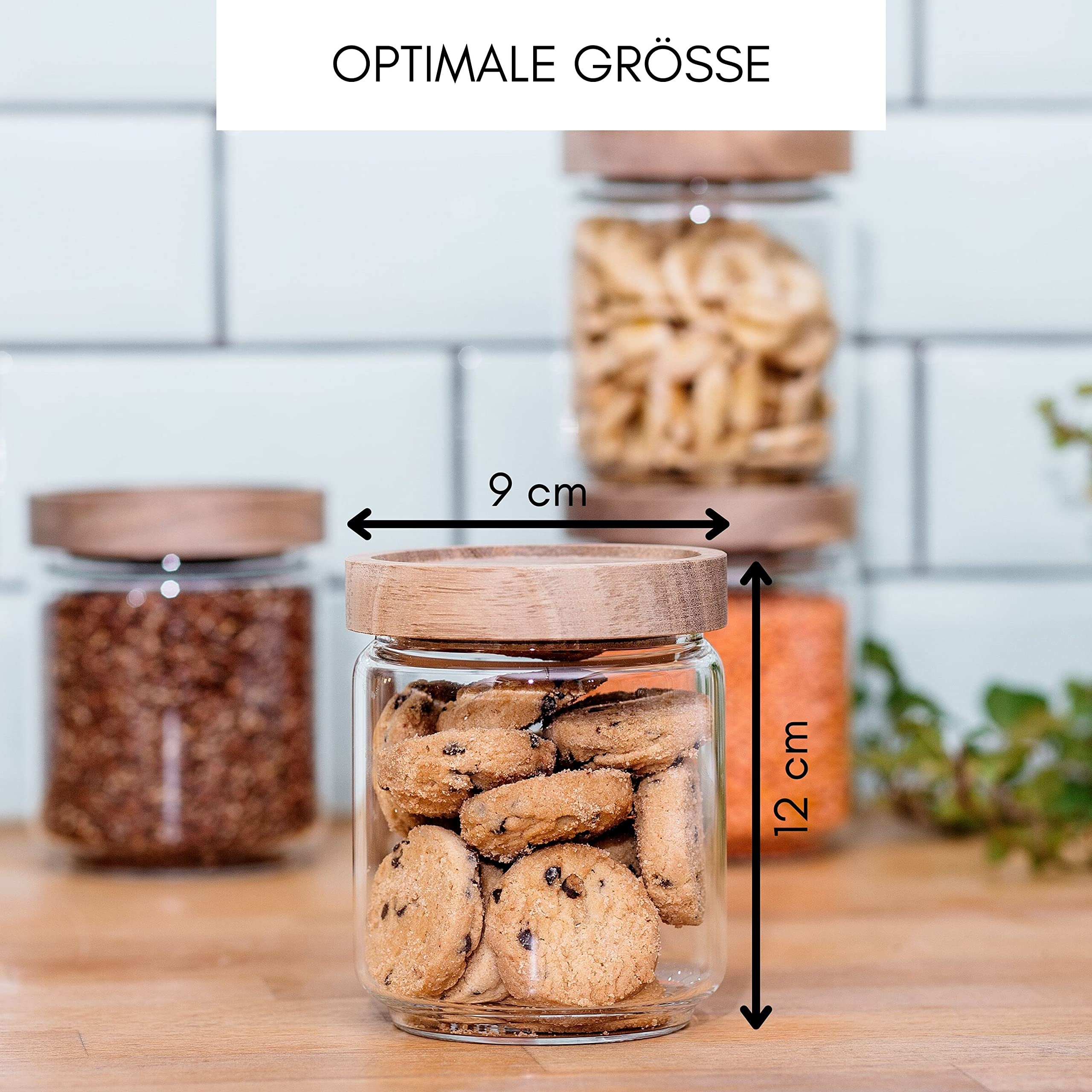 Econovo® Vorratsgläser mit Holzdeckel 500ml (4-teilig) aus Borosilikatglas, stapelbar und luftdicht, Vorratsdosen Glas-Behälter Aufbewahrungsglas mit Deckel für Vorräte groß und klein