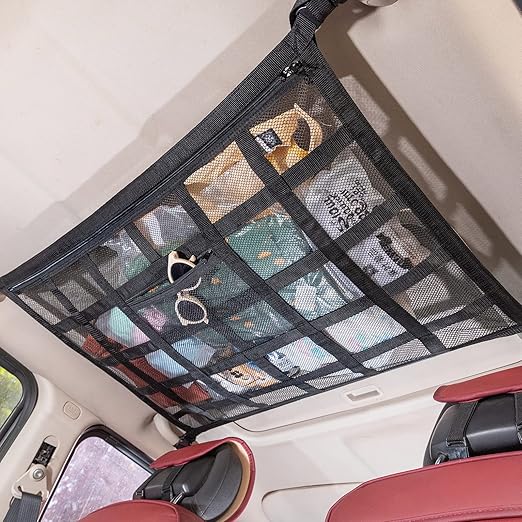 Upgrade Car Ceiling Cargo Net Pocket,31.5"x21.6" Strengthen Load-Bearing and Double-Layer Mesh Car Roof Storage Organizer,Truck SUV Van Travel Long Road Trip Camping Interior Accessories