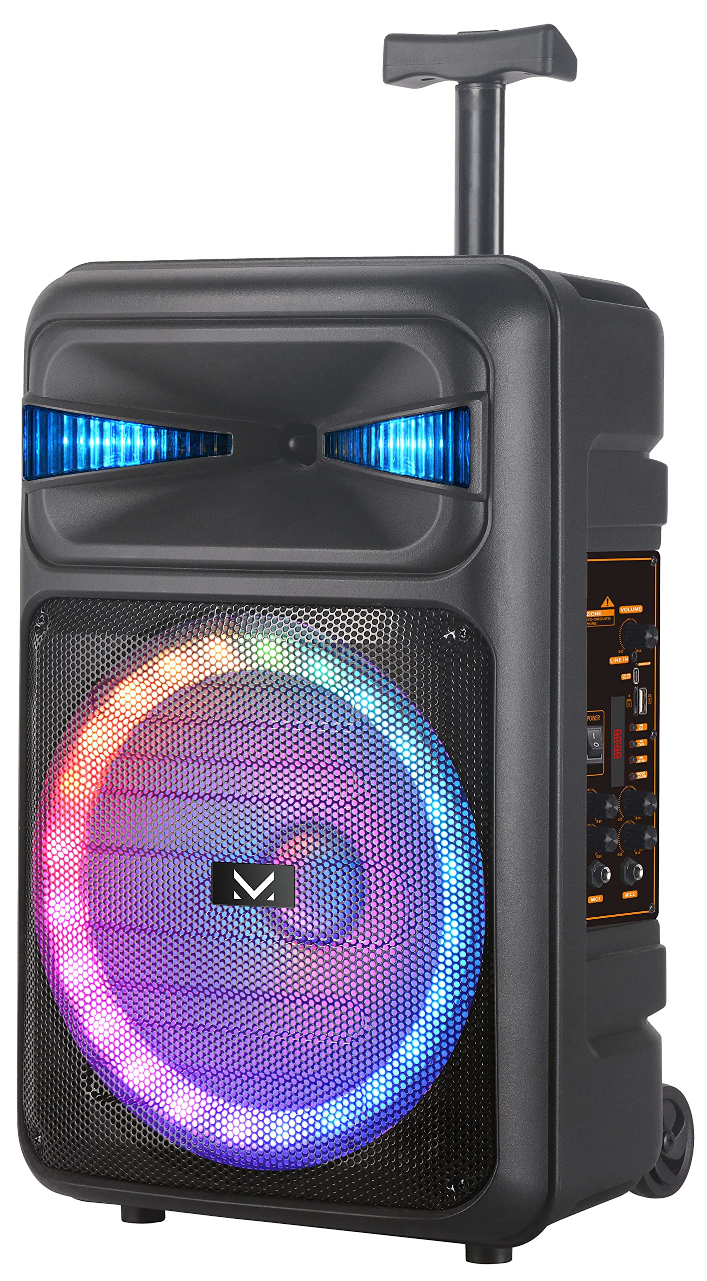 Majestic Fire T5 – Bluetooth 5.0 Trolley, Multi-Color LED Lights, USB/MicroSD/AUX-IN/Mic, Microphone, Remote Control, Rechargeable Battery, TWS Function, Handle and Transport Wheels