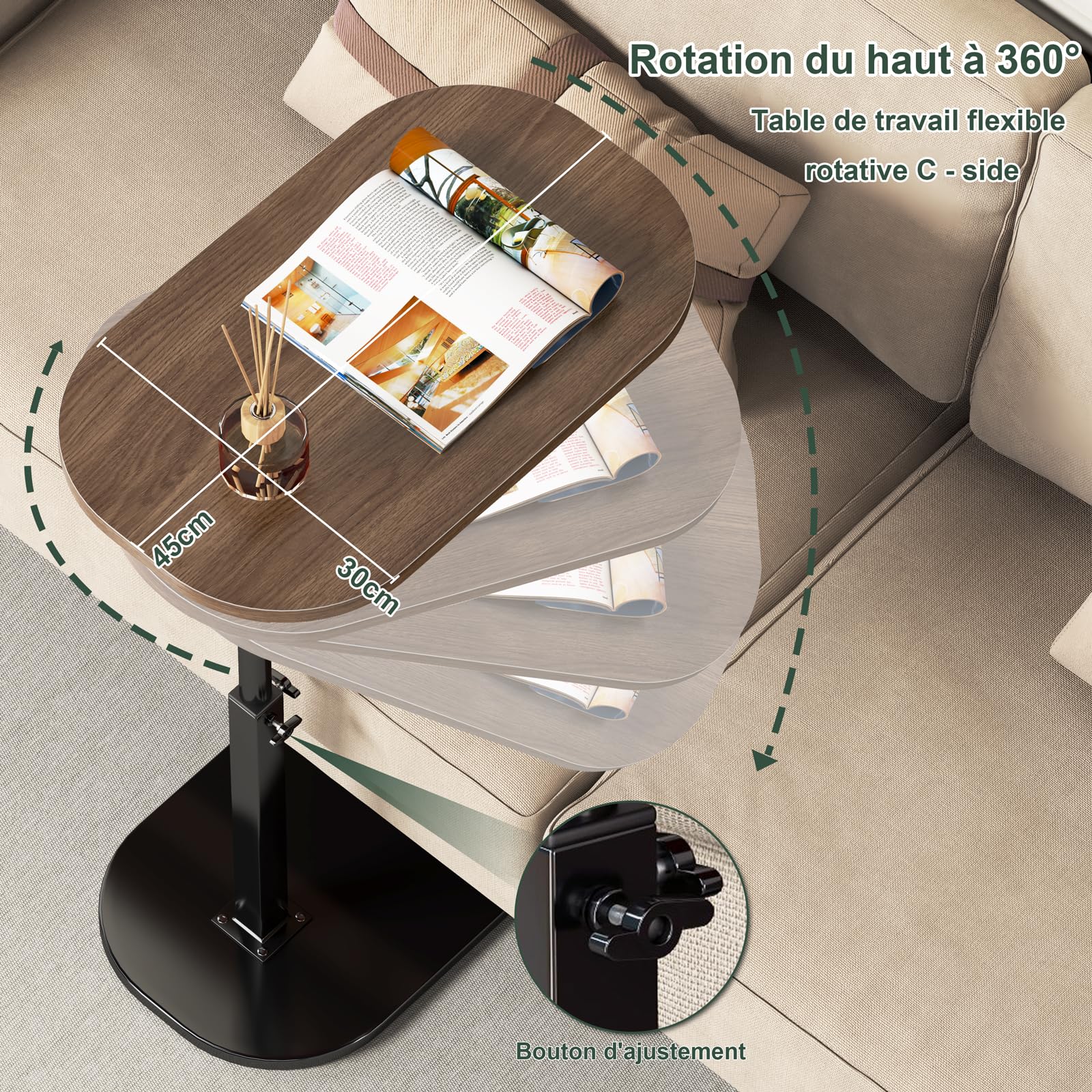 Table d'appoint en Forme de c Hauteur réglable, 360 ° pivotante canapé Table d'appoint pour canapé/LIT/Baignoire, Petite café Moderne C Tables pour Salon/Chambre/Balcon, Hauteur 45-80cm (D)