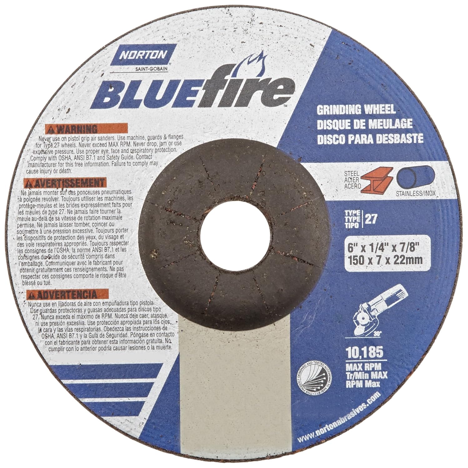 Norton Blue Fire Plus Depressed Center Abrasive Wheel, Type 27